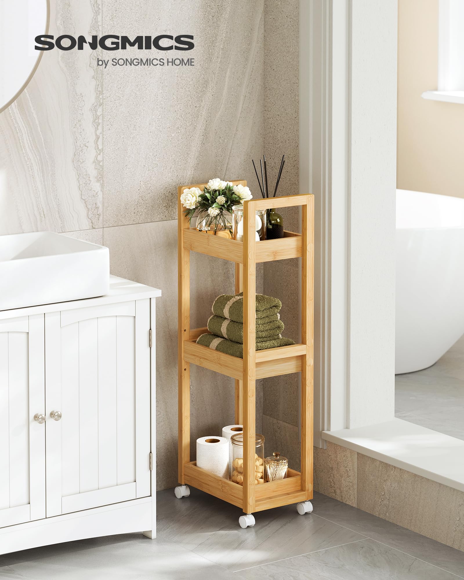 SONGMICS Carrito de Baño 3 Niveles Bambú Estrecho con Ruedas 20x30x80 cm Beige Natural