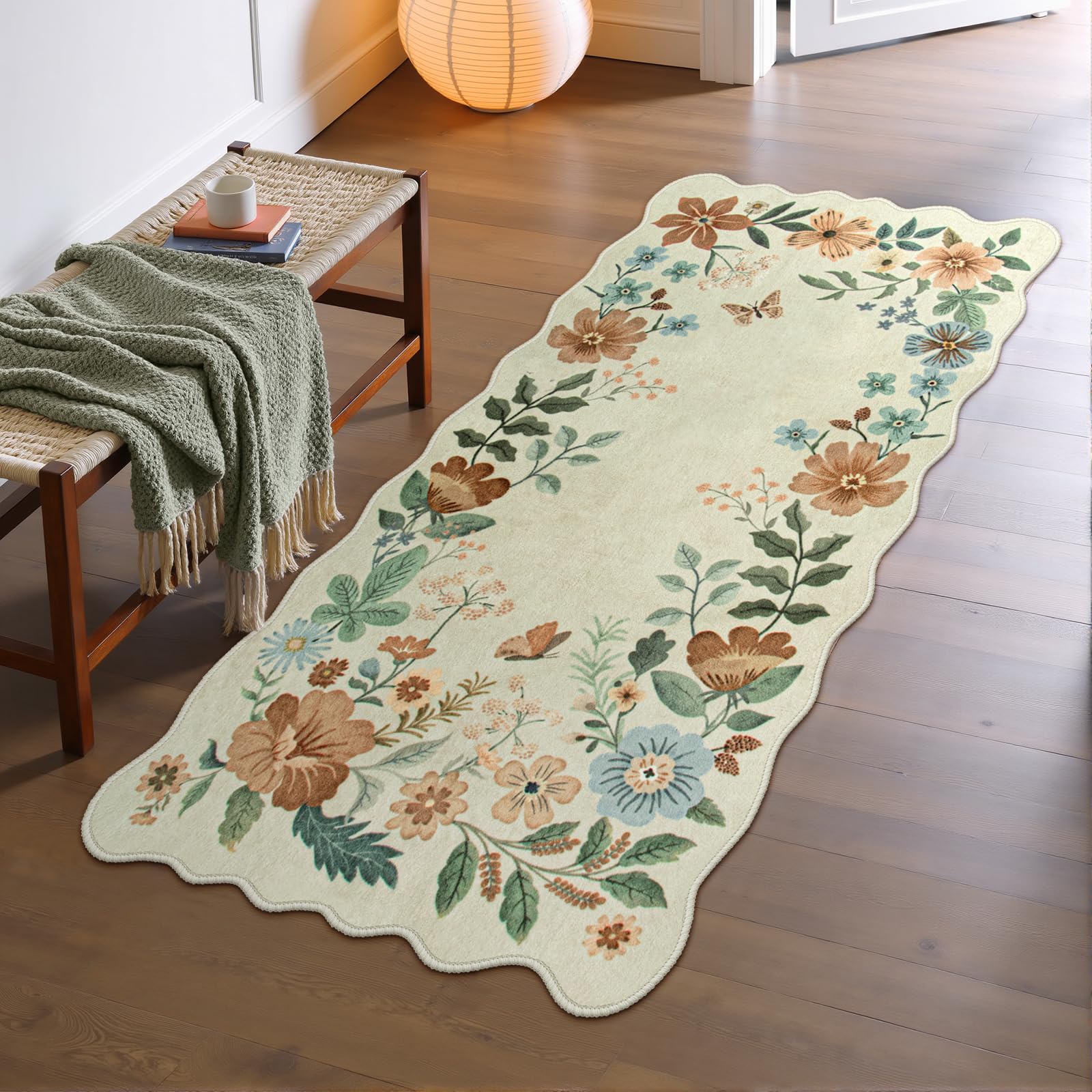 Lahome Floral Entryway Rug, 2x4 Washable Kitchen Rugs Non Slip Ultra-Thin, Front Door Mat Indoor Entrance Stain Resistant Boho Low-Pile Carpet for