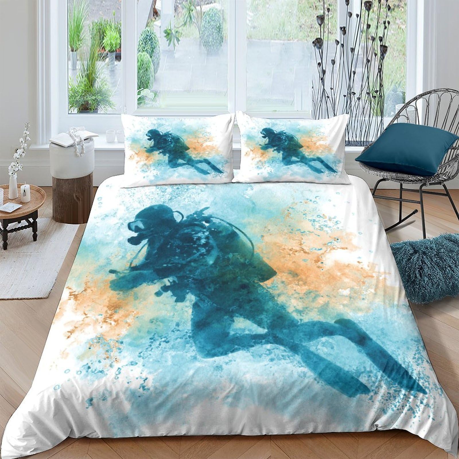 Ctjqhvkz Style-8 3D Printed Scuba Diver Fitted Sheet Microfiber Breathable Blue Orange Watercolor Bed Cover For Bedroom Guest Room Decor Single（135X200cm）