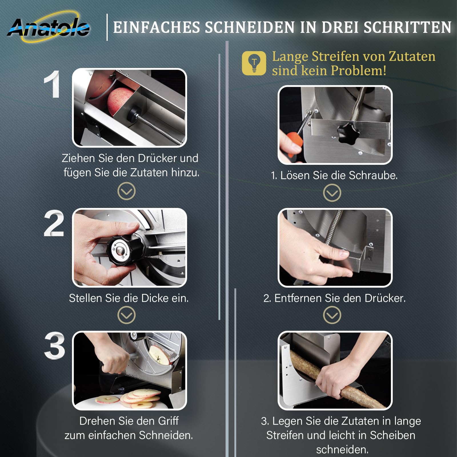 Anatole Gemüseschneider Edelstahl Gemüsehobel Manuell Obstschneider 0-13mm | Einstellbare Dicke, Profi, für Zwiebeln Tomaten Kartoffeln Karotten Zitronen Orangen Chips, für Gastronomie Restaurant Hause