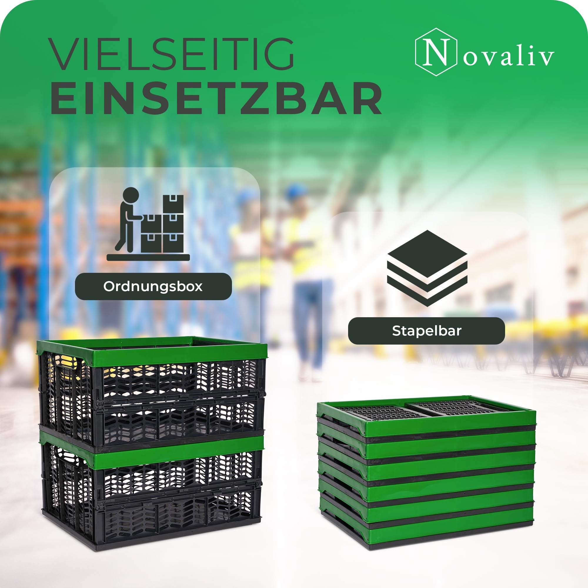 Novaliv Klappboxen faltbar stabil 6x 30L Grün Schwarz baskets Einkaufskiste Klappkisten Set Tragebox Aufbewahrung Einkaufskörbe Körbe Aufbewahrung Küche