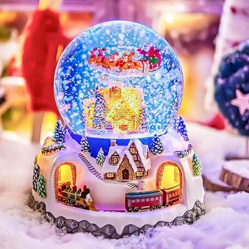 Papá Noel giratorio musical volando sobre la aldea, nevada automática, tren, globo de nieve de Navidad, caja de música para mujeres, esposa, mamá,