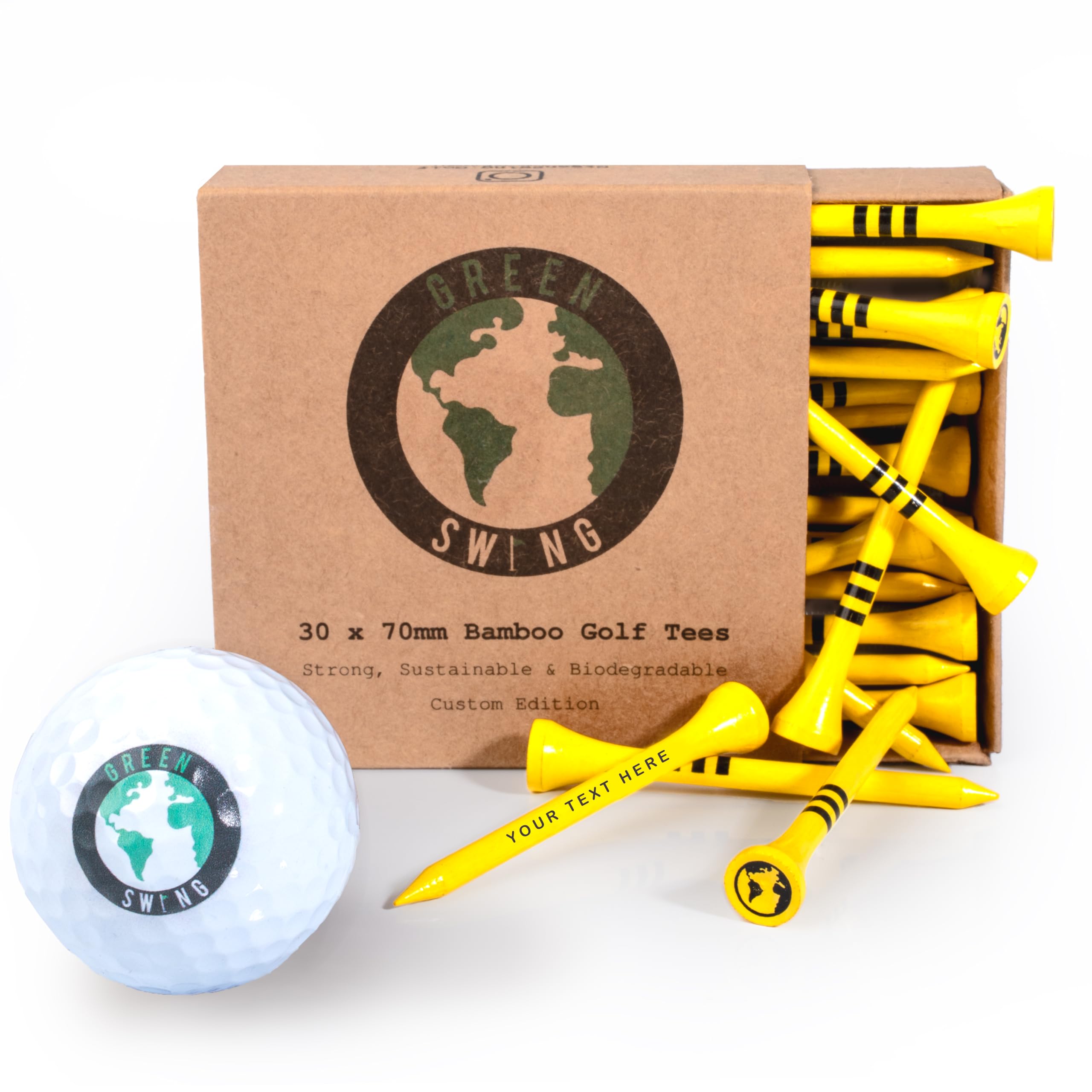 Green Swing Personalised Bamboo Golf Tees 70mm | Perfect For Gifting & Events | Choice of Colours & Quantity | Custom Golf Gifts (60pcs, Yellow)