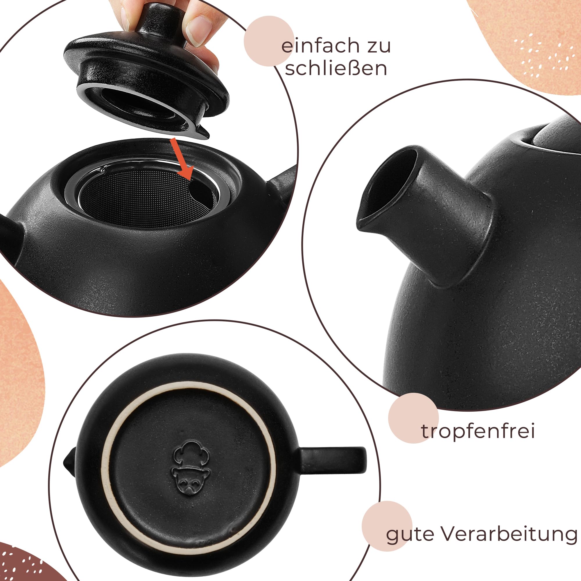 Duża dzbanka do herbaty z sitkiem - 1,4 l - dzbanka do herbaty ceramiczna - nowoczesna dzbanka do herbaty z sitkiem na luźną herbatę, trwała i neutralna w zakresie aromatu (Antracyt)