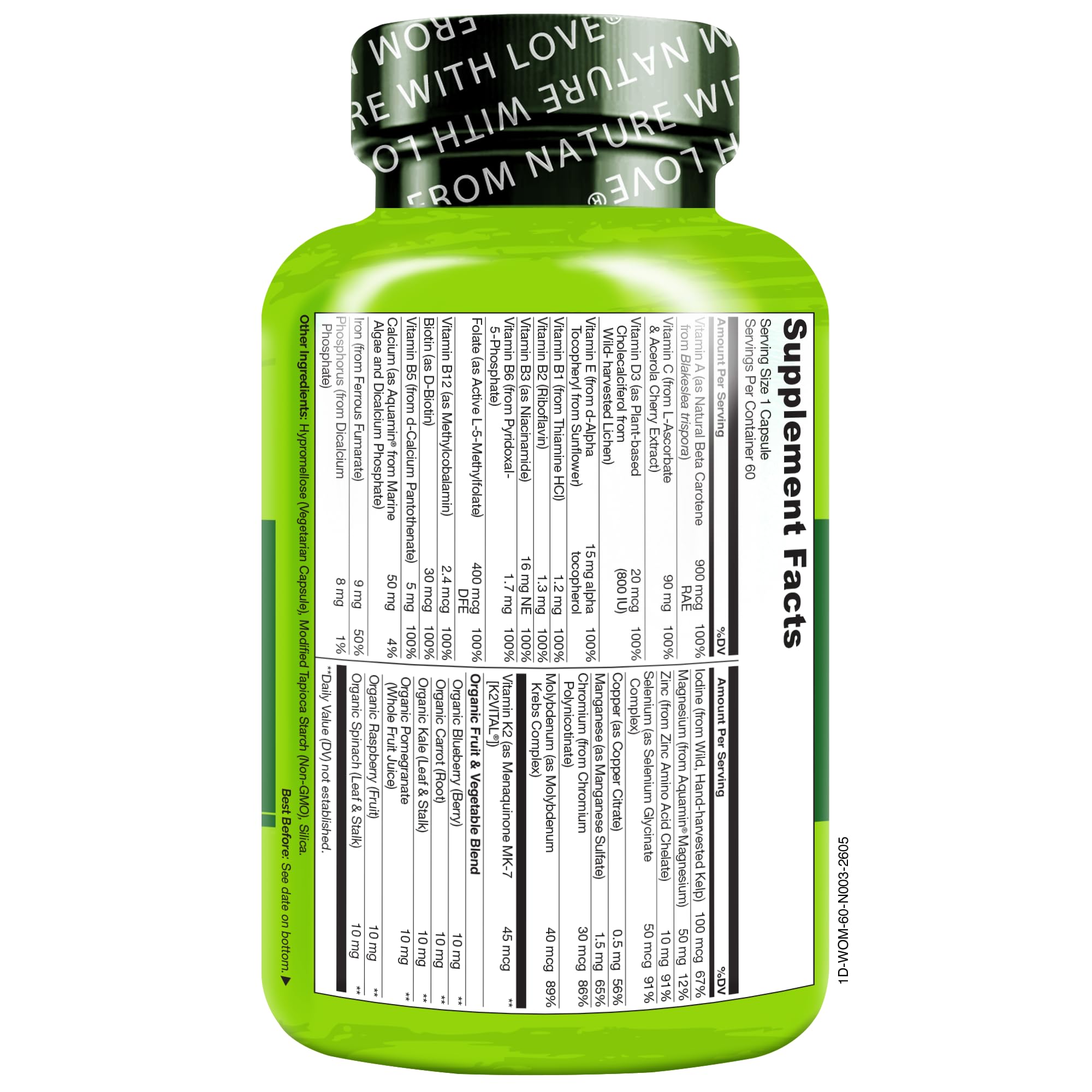 NATURELO Eine tägliche Multivitamin für Frauen unterstützt Immunität, Energie & Wellness, hilft der Haut, Nägel und Haare Wachstum GMO frei, Glutenfrei 60 Kapseln 2 Months Supply
