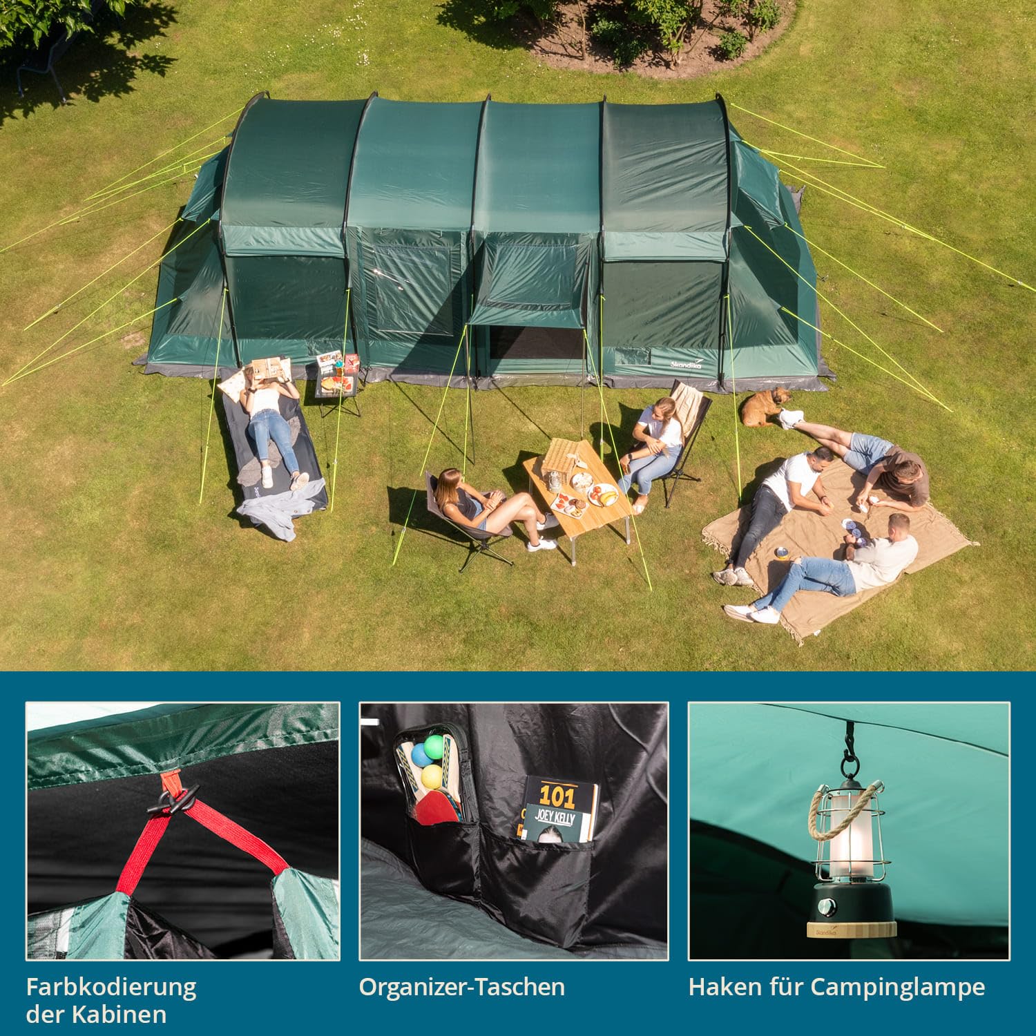 Skandika Tunnelzelt Montana 8 Personen | Camping Zelt mit/ohne eingenähten Zeltboden, mit/ohne Sleeper Technologie, 3-4 Schlafkabinen, 5000 mm Wassersäule, Moskitonetze | großes Familienzelt