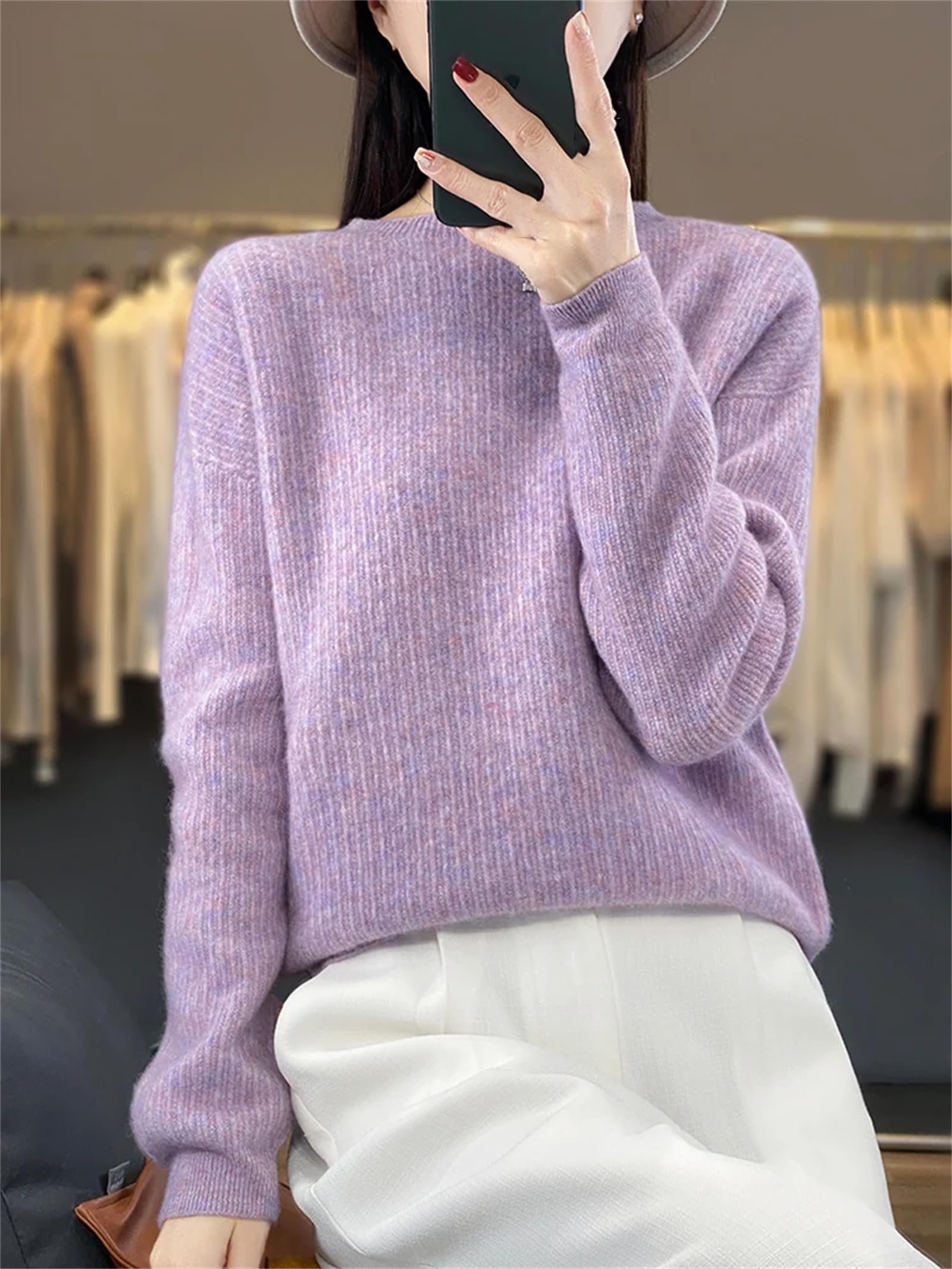 Amazon.co.jp: レディース クルーネック セーター ウール ニット 長袖