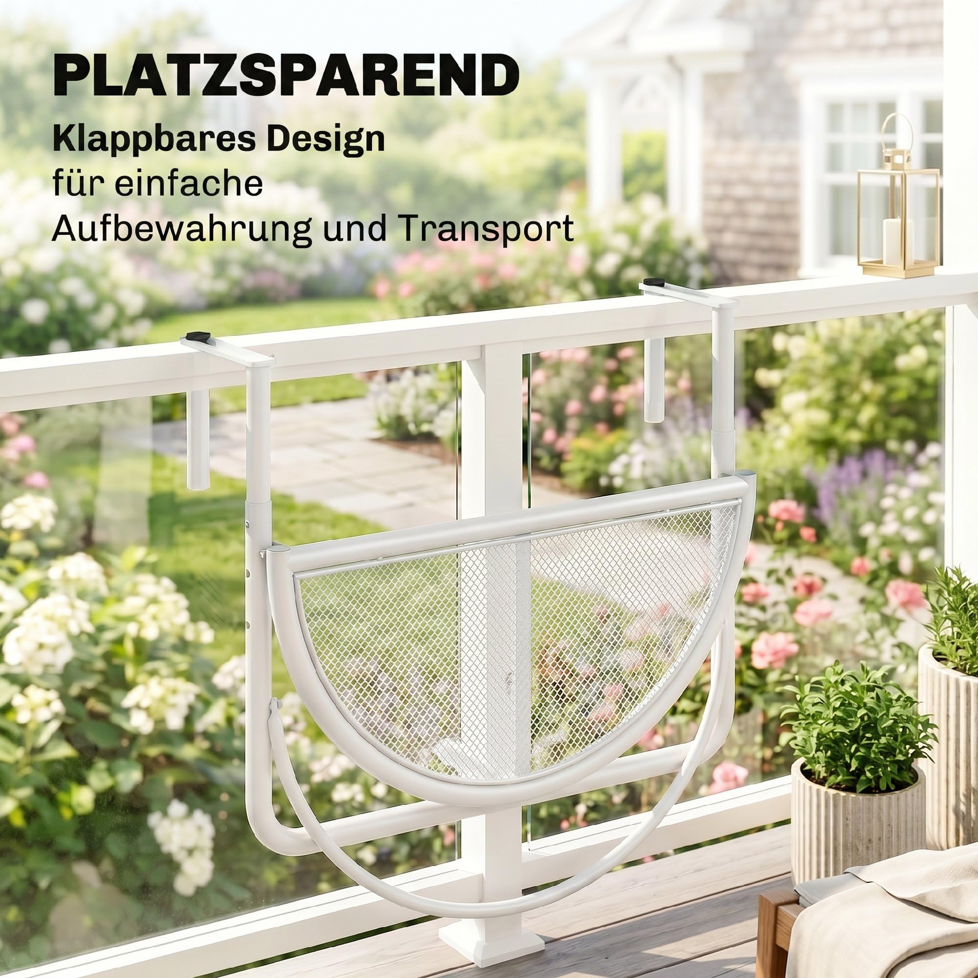 Outsunny Table Suspendue pour Balcon - Table de Jardin - Hauteur réglable - Semi-Ronde - Diamètre : 30 cm - Métal - Blanc - L 60 x l 45 x H 50 cm