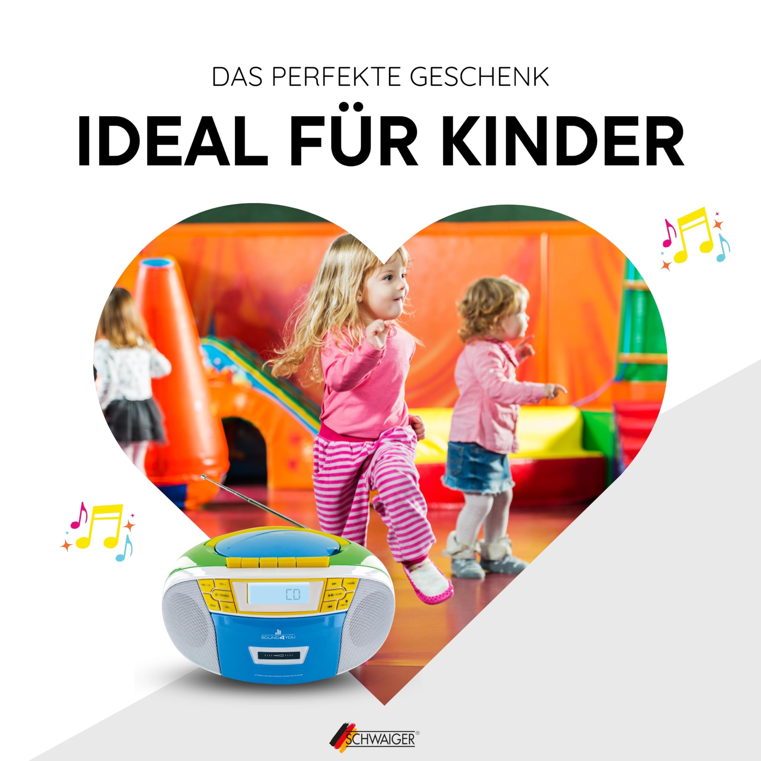 SCHWAIGER 661644 Lecteur CD avec Cassette et Radio MP3 Connexion USB FM Radio AUX Casque Boombox Fonctionnement sur Secteur et Piles Affichage Portable Multicolore