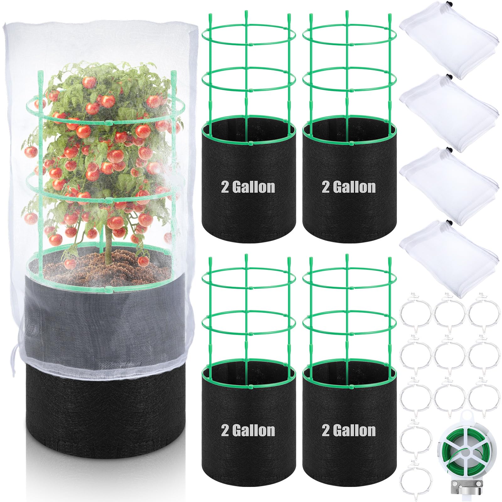 Landical 4 Sets Tomato Cages with Garden Nettings, 15.75'' Assembled Stable Plant Support Trellis with 2 Gallon Grow Bags Planters Coated Steel Pipe Heavy Duty Adjustable Tomato Stakes for Plants