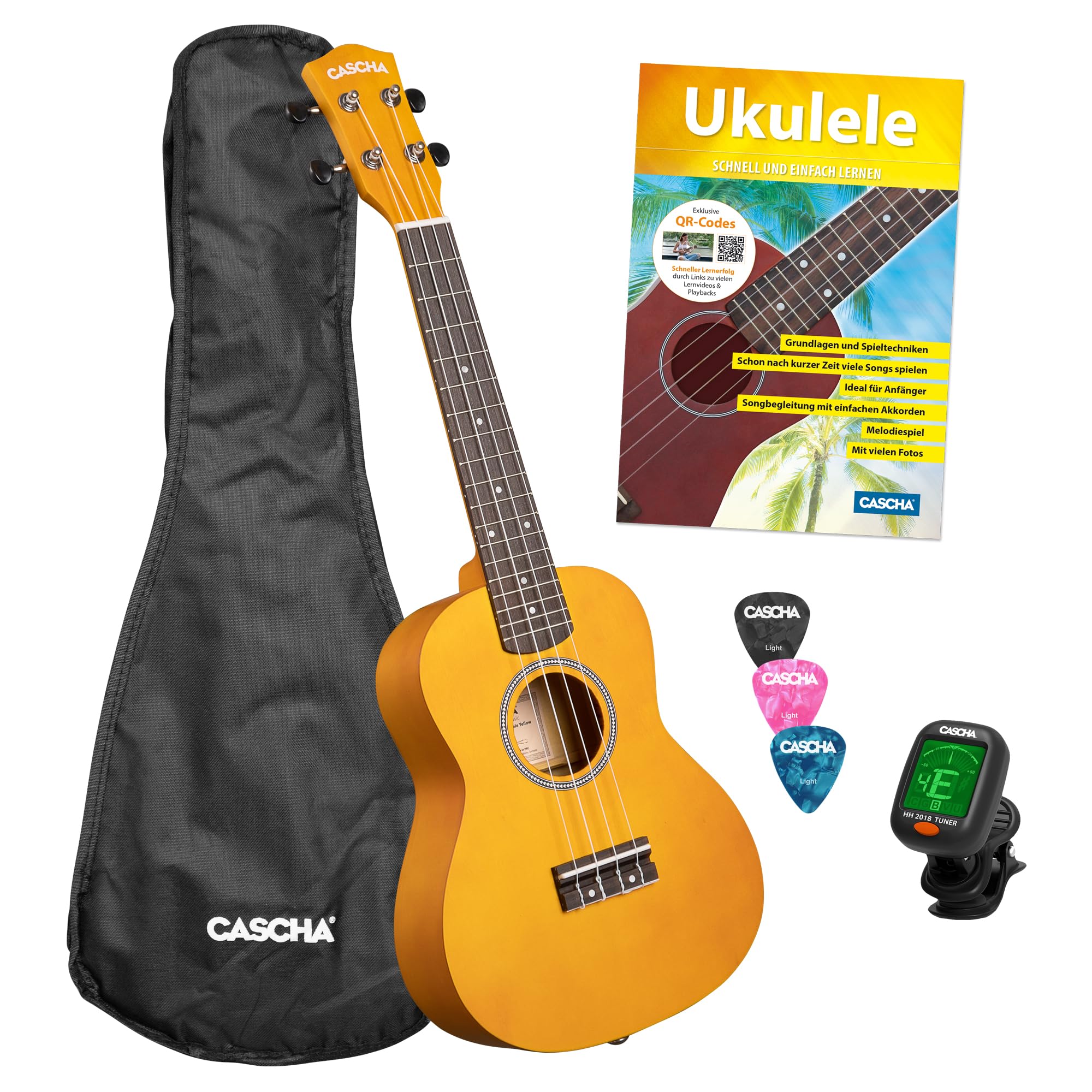 Concert Ukulele Linden Yellow Set Including Bag, 3 Picks, Book, Tuner