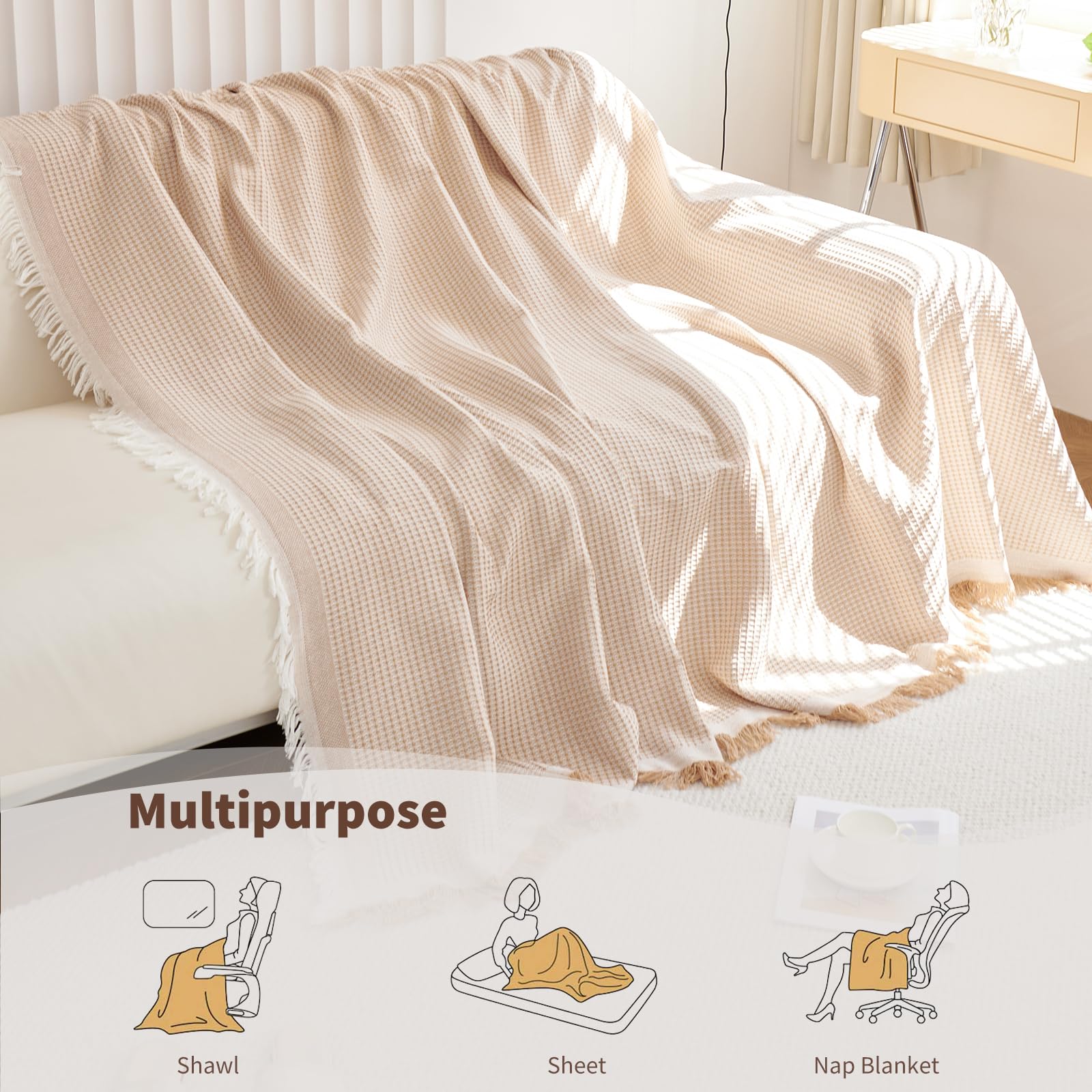 Funda Sofa,Funda Sofá Gofre Color Sólido, Cubre Sofa Chaise Longue, Funda de sofá Lavable para Todas Las Estaciones 180 * 300cm-Caqui