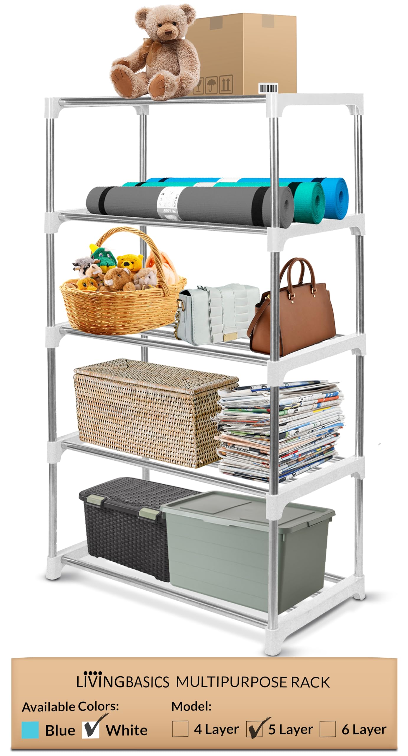 LIVINGBASICS Stainless Steel Multifunctional/Multipurpose Storage Shelves/Rack/Stand for Home/Office/Kitchen/Balcony/Bathroom/Study Room (5 Layer, Snow White)