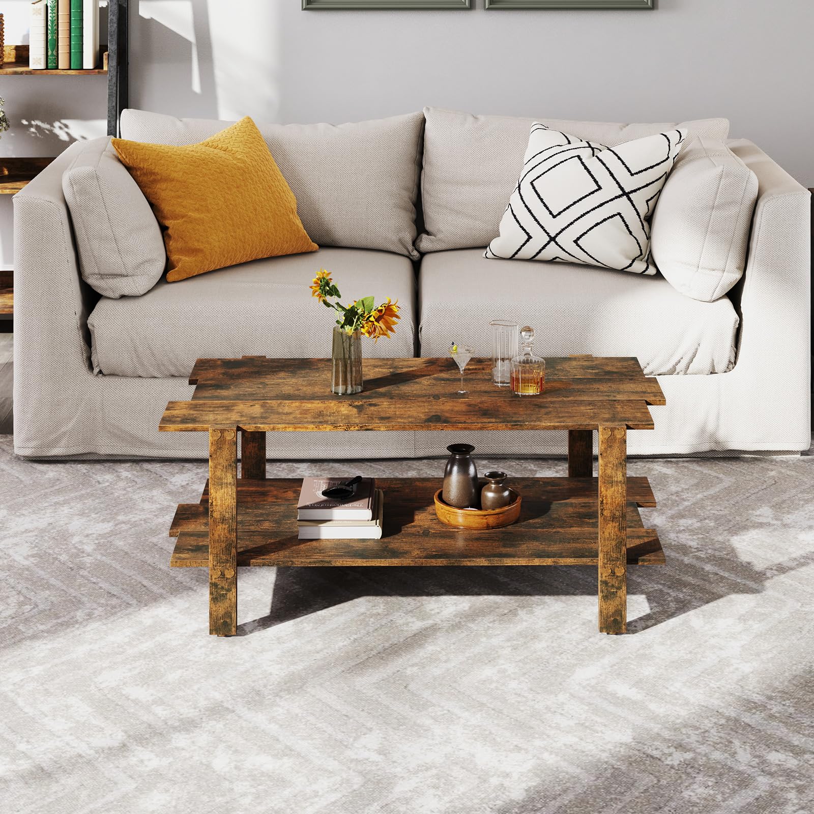 LIFEZEAL Tavolino Salotto a 2 Ripiani, in Legno, Tavolino da Caffè, da Soggiorno, Basso, Stile Industriale, Peso Max 120 kg, 115x59x46 cm, Montaggio Semplice, Marrone