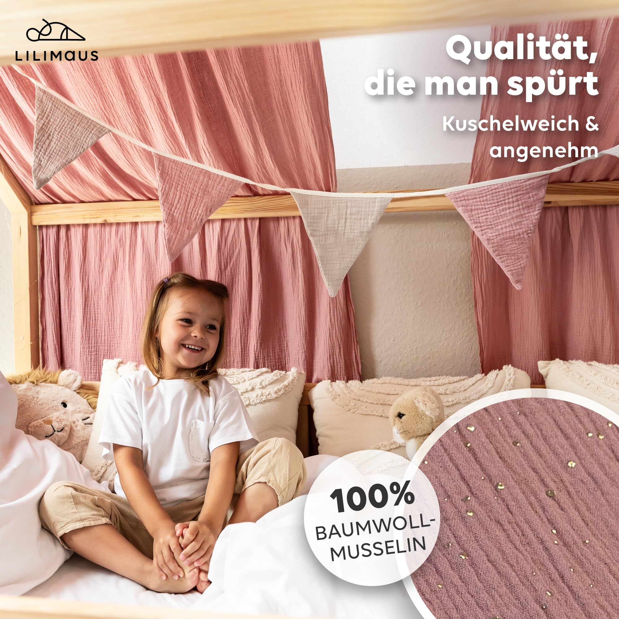 lilimaus Hausbett Himmel mit Gold Applikation [in 12 Farben] Betthimmel Hausbett aus 100% Baumwolle Musselin - Stoffhimmel für Hausbett Deko Mädchen & Jungen - Himmel für Hausbett Kinderbett Vorhang