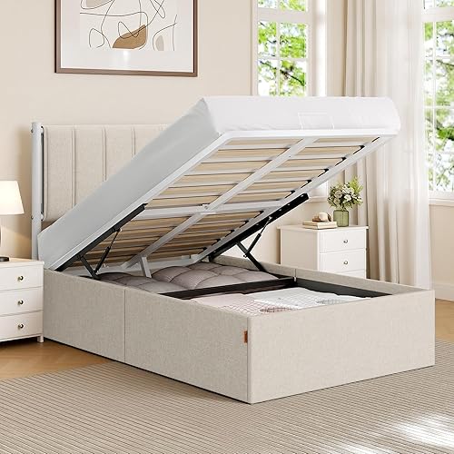 Miniatura 1 de VASAGLE Base de cama de almacenamiento elevable, tamaño individual, cama de plataforma hidráulica, con cabecera tapizada, capacidad de peso de 550