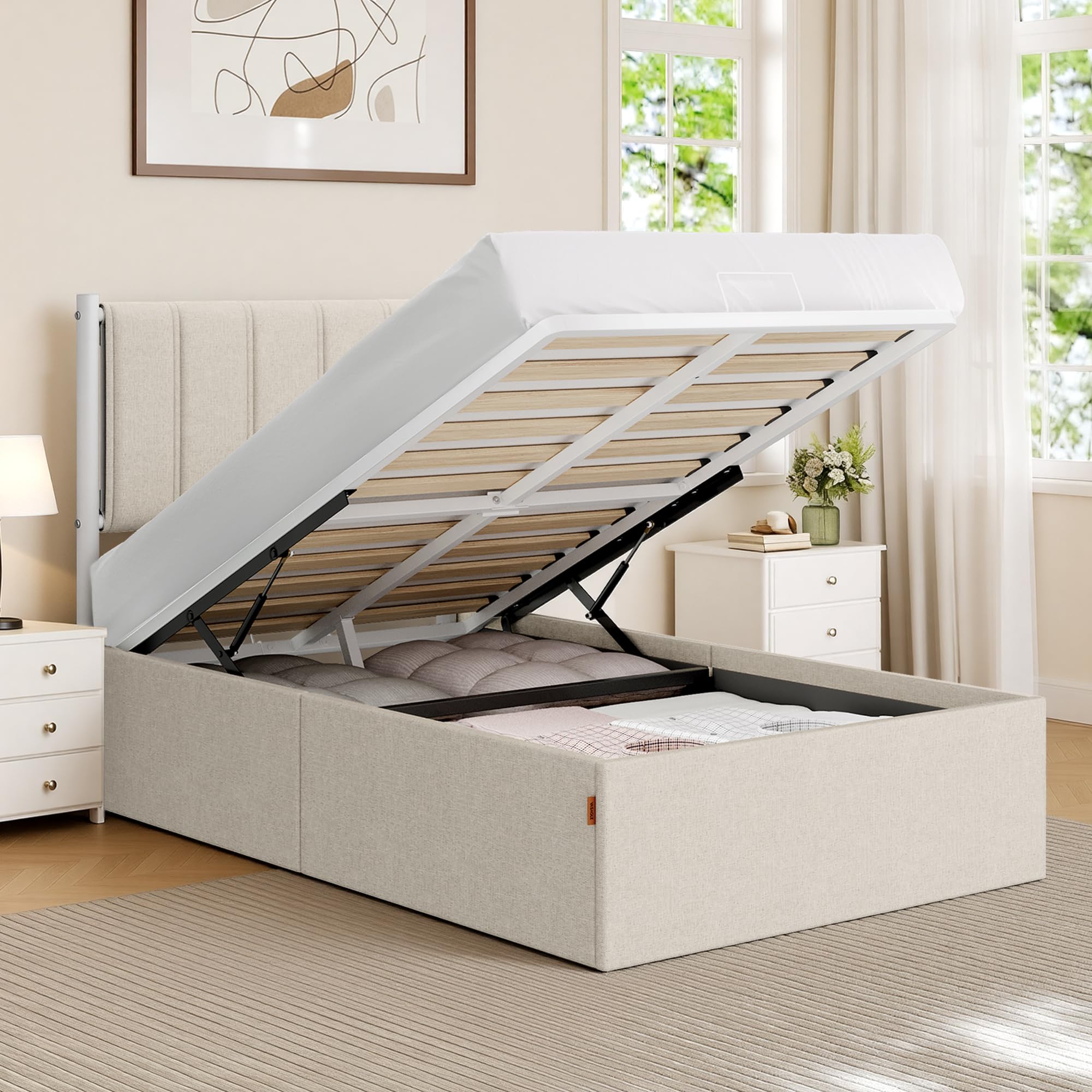 VASAGLE Lift Up Storage Bed Frame Twin Size, Hydraulic Platform Bed, with Upholstered Headboard, 550 lb Weight Capacity, No Box Spring Needed, Easy