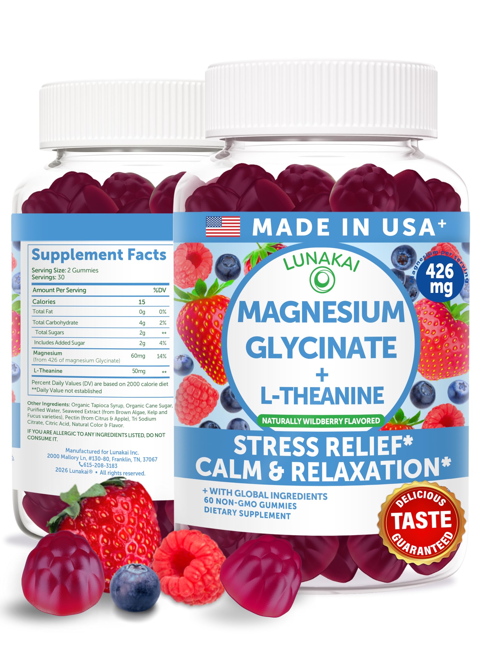 Lunakai USA Made Magnesium Glycinate Gummies 426mg with L-Theanine – Calm, Sleep, Stress Relief for Adults & Kids, Non-GMO, Vegan, 60ct