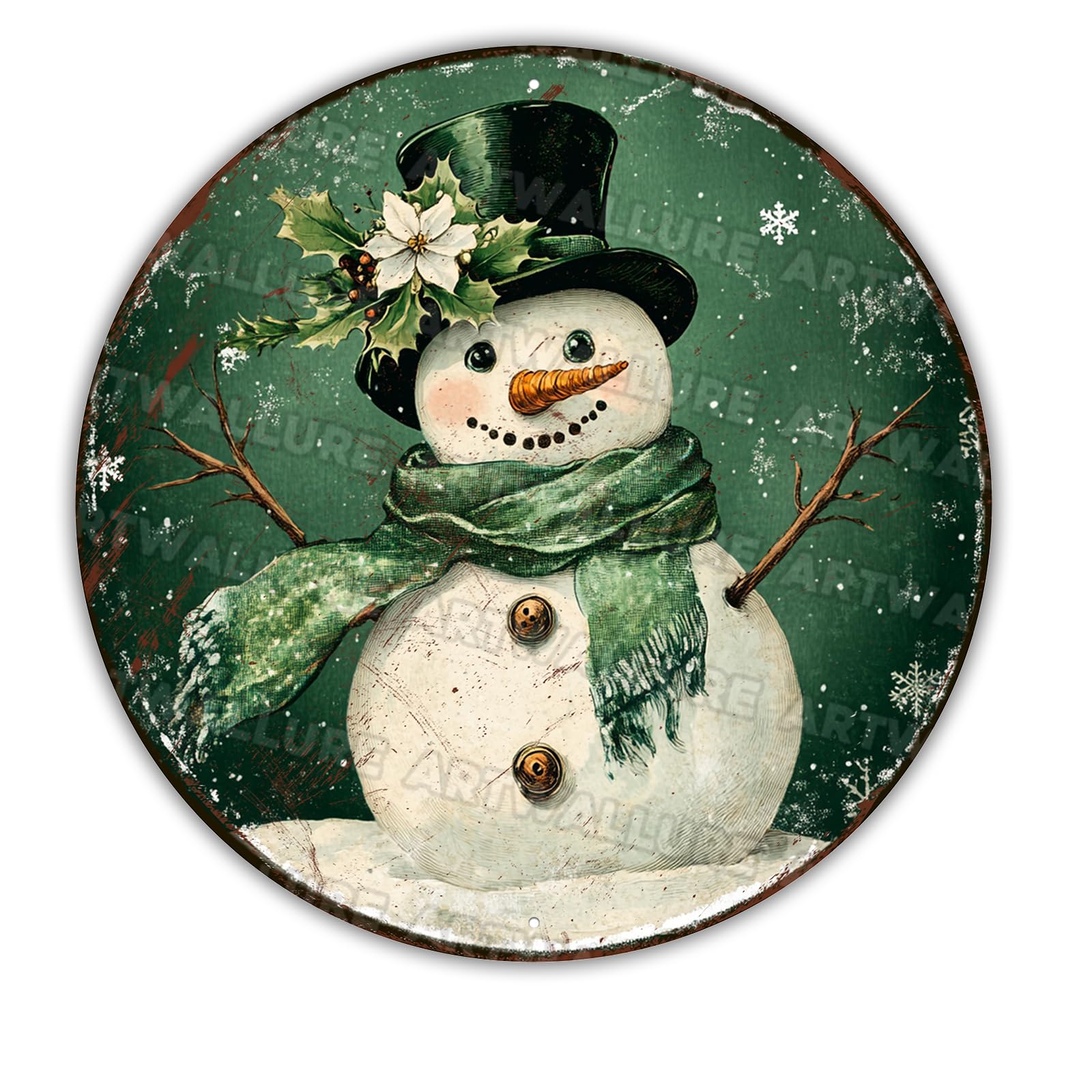 Green Snowman Wreath Sign - Round Christmas Aluminum Wall Decor, for Indoor Outdoor Use in Living Room, Kitchen, Porch 12x12Inch