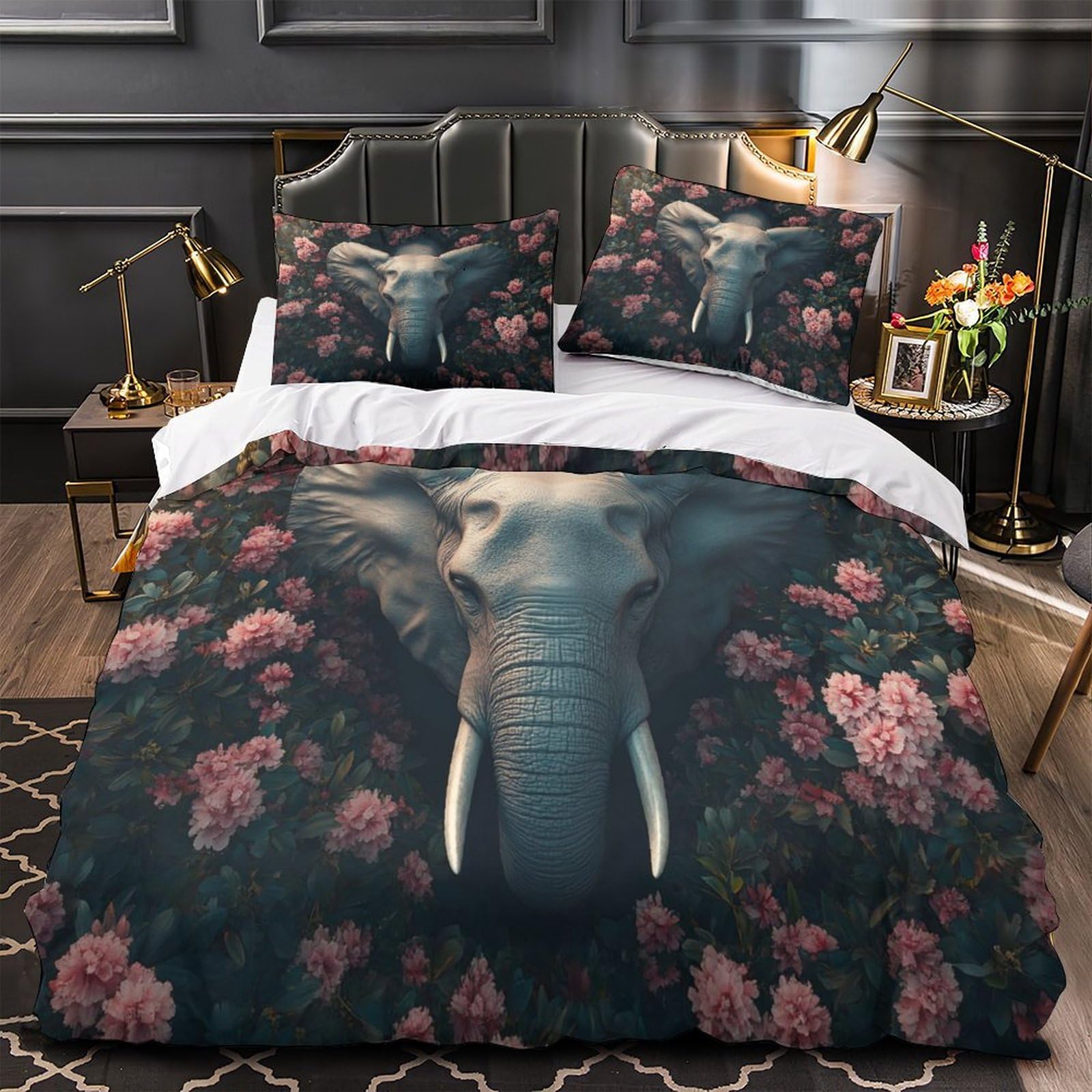 Drap de couette éléphant 3D anti-tache en microfibre résistante parure de lit king size 3 pièces