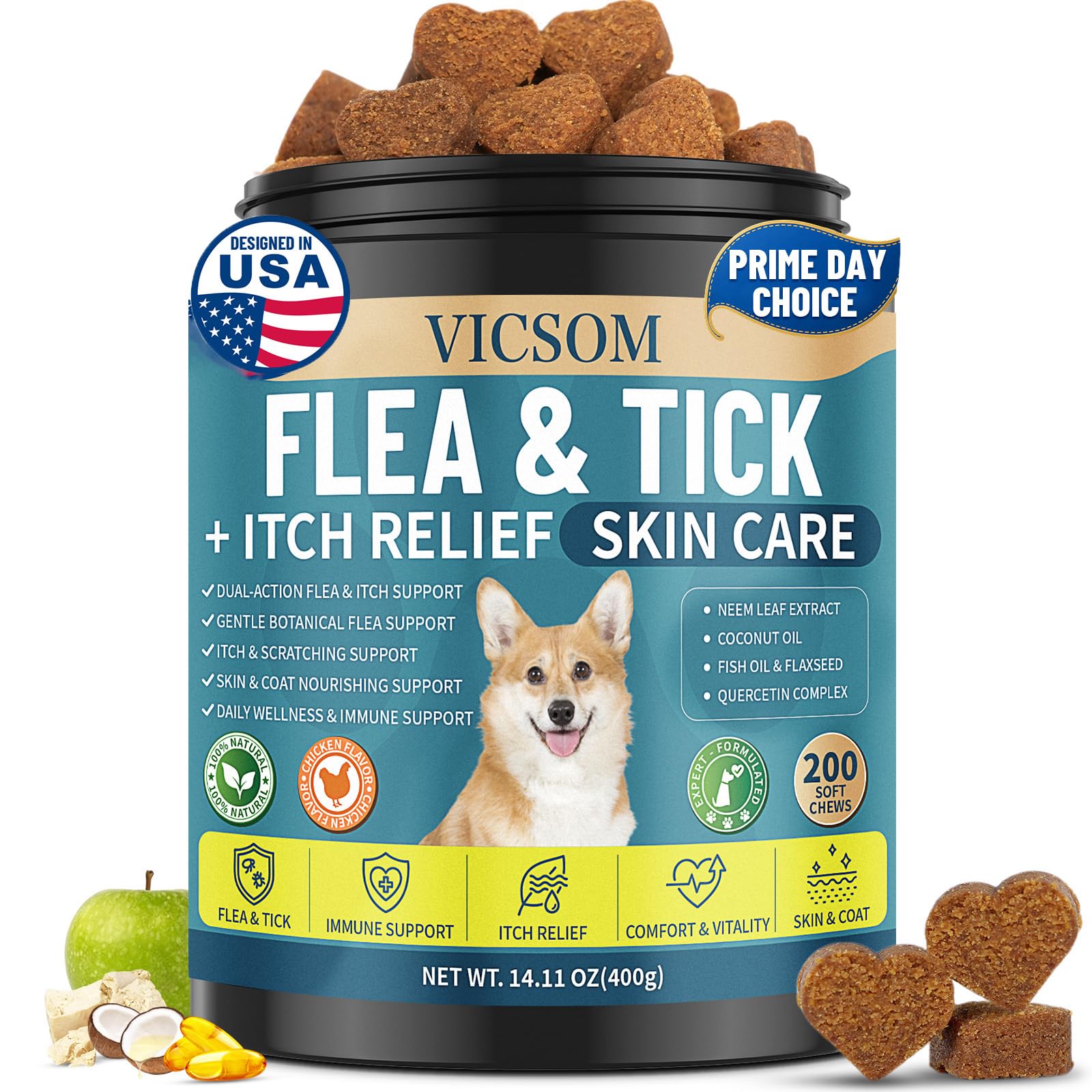 Flea and Tick Chewables for Dogs Itching Skin, 200 Natural Dog Flea Support Chews with Skin & Coat Support, Oral Supplement for All Breeds & Ages, Chicken Flavor