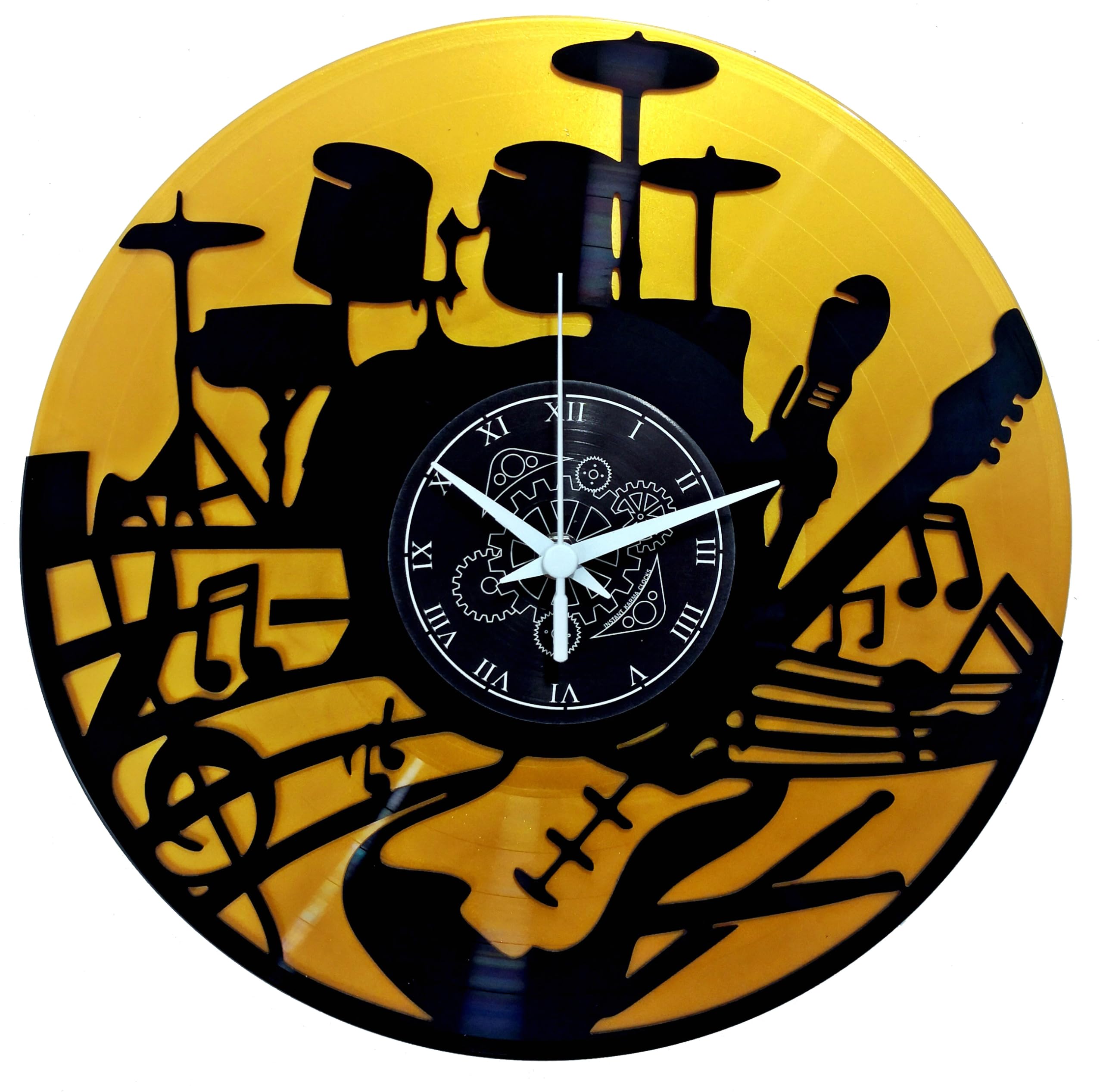 Instant Karma Clocks | Wall Clock | Band | Guitar | Decoration for Musicians | Black and Gold | Gift Idea for Bass Drummer | Double Vinyl