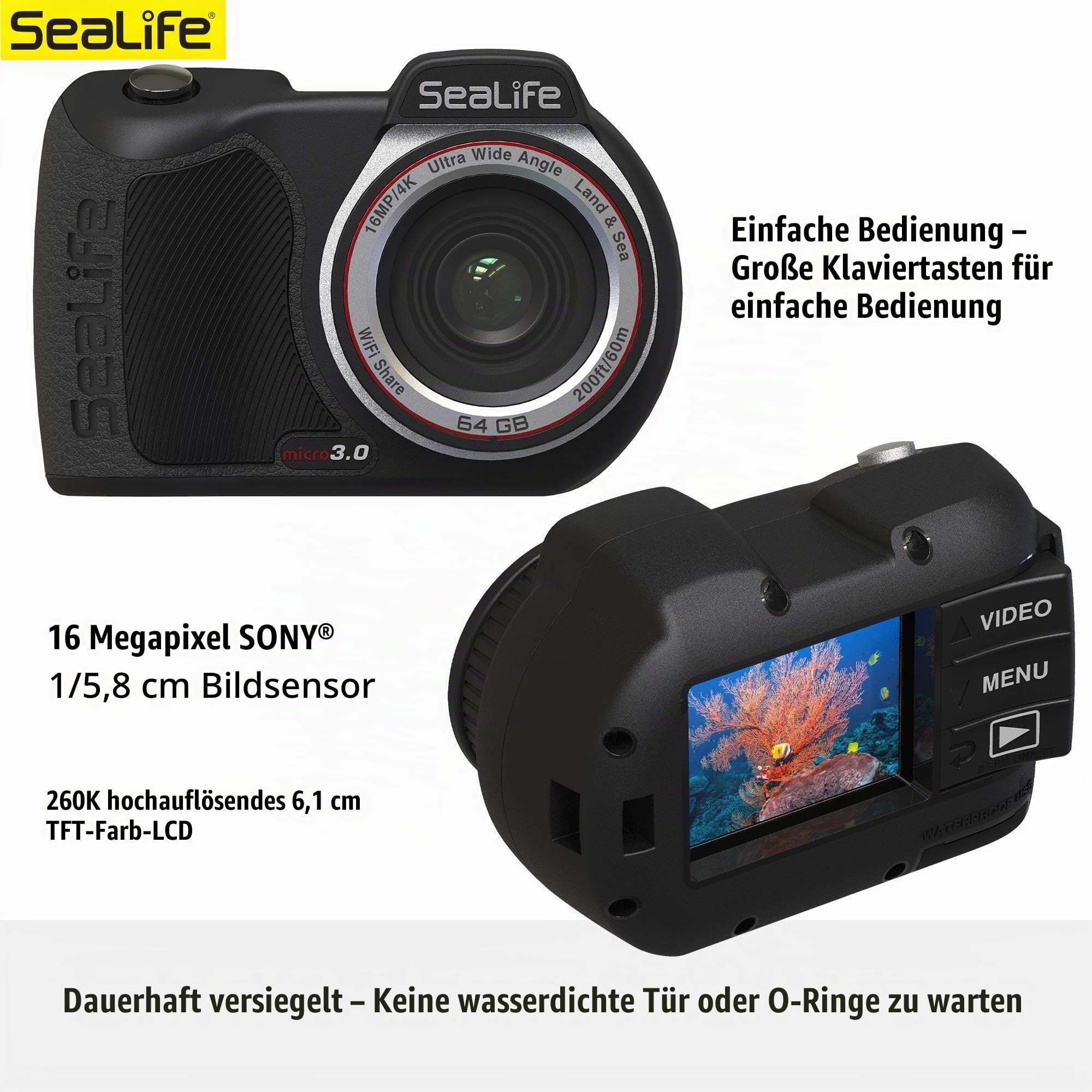 Sealife Micro 3.0 64GB (SL550) Unterwasser Kamera mit 4K Ultra HD Video und Wasserdicht bis 60m