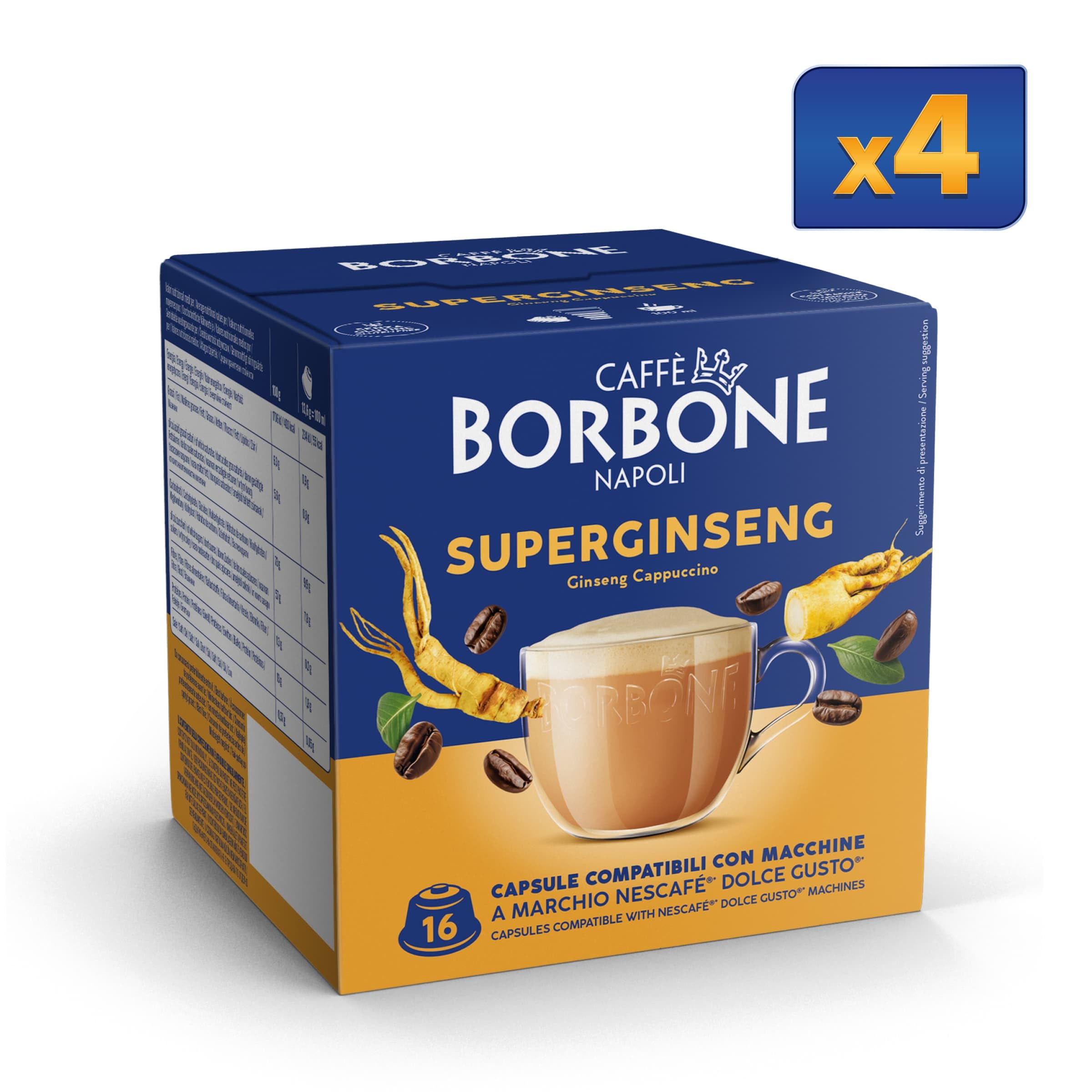 CAFFÈ BORBONE 154 cápsulas compatibles con las máquinas Nescafé® Dolce Gusto® - Kit surtido: 90 cápsulas de Espresso Fuerte 8/10 + 64 de Ginseng (4 paquetes de 16)
