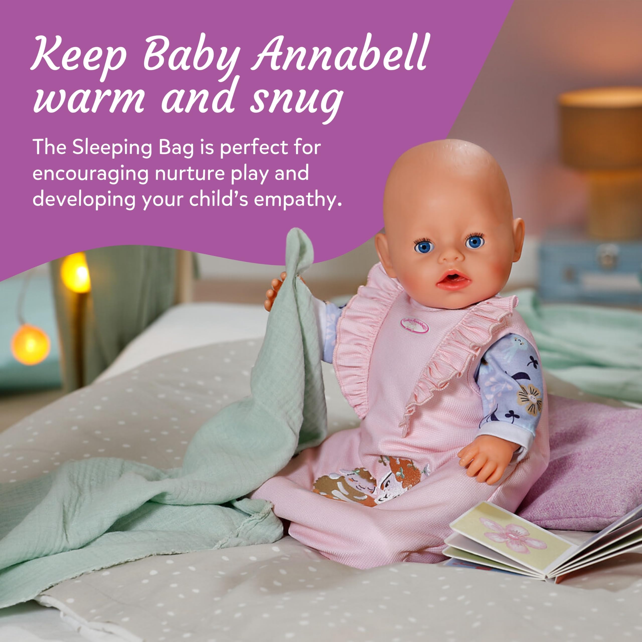 Baby Annabell Sleeping Bag, Pink & floral design, Fits any 36cm & 43cm doll, 100% plastic free packaging doll accessory - Image 4