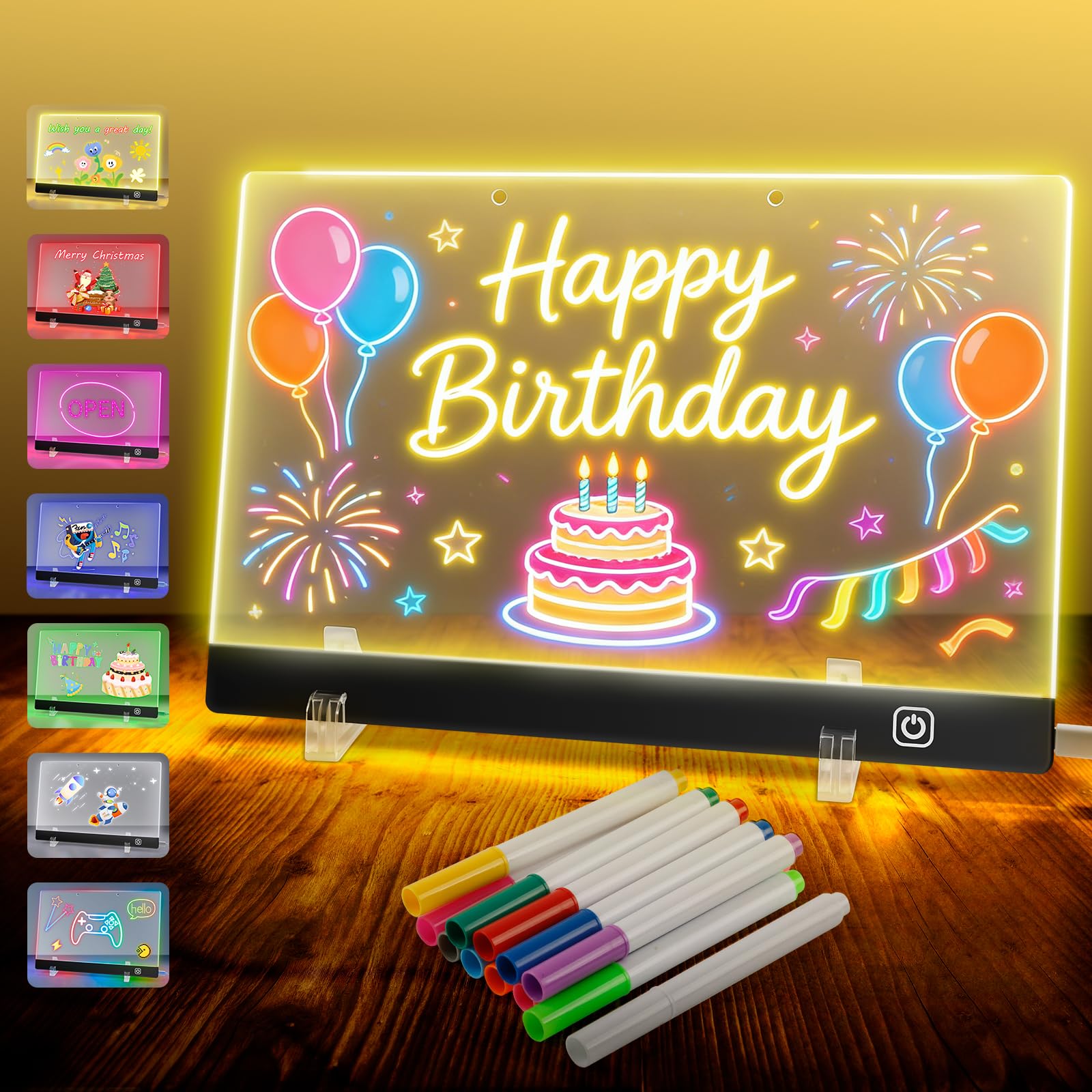 Lavagna per Appunti a LED con 7 Penne Neon - 30 x 20 cm