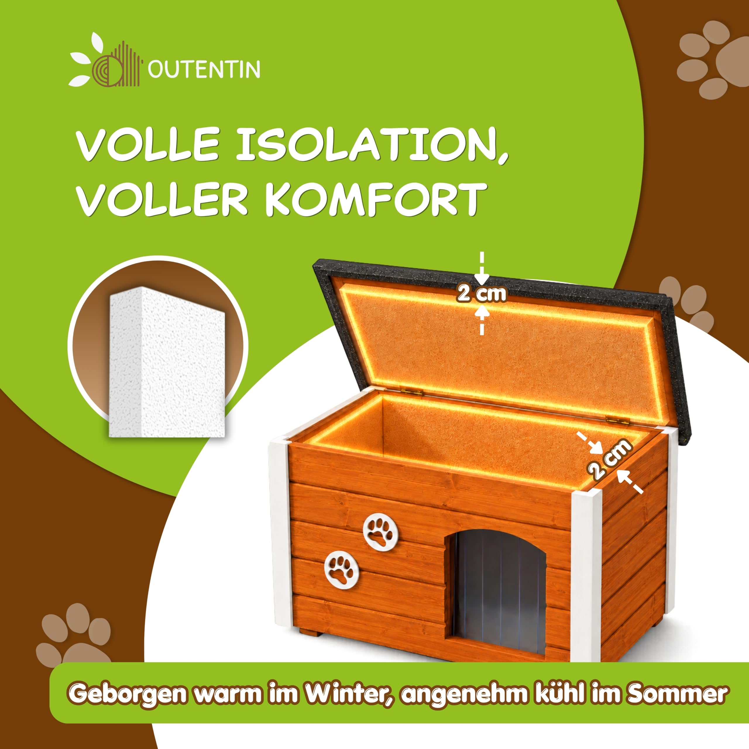 Outentin Hundehütte Outdoor Winterfest - Hundehaus für Große Hund - Isoliert und Wetterfest - Hunde Haus für Draußen mit zum Öffnen Flachdach - Stabile und Moderne Villa - 105 x 71 x 64cm - Teak