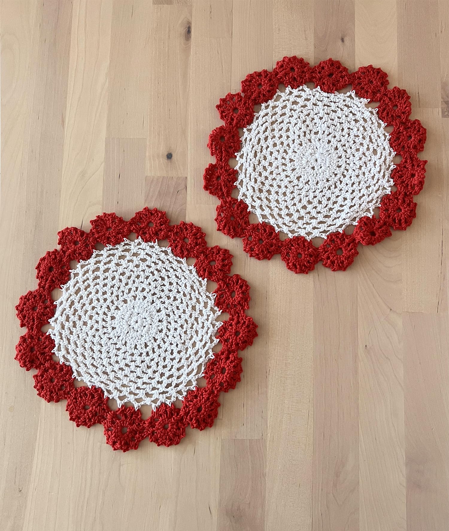 Fennco Styles Handmade Two-Tone Floral Crochet Tray Doilies, 9" Round, 2-Piece - Red Cloth Placemats for Everyday Use, Holidays, Home Décor, Cocktail