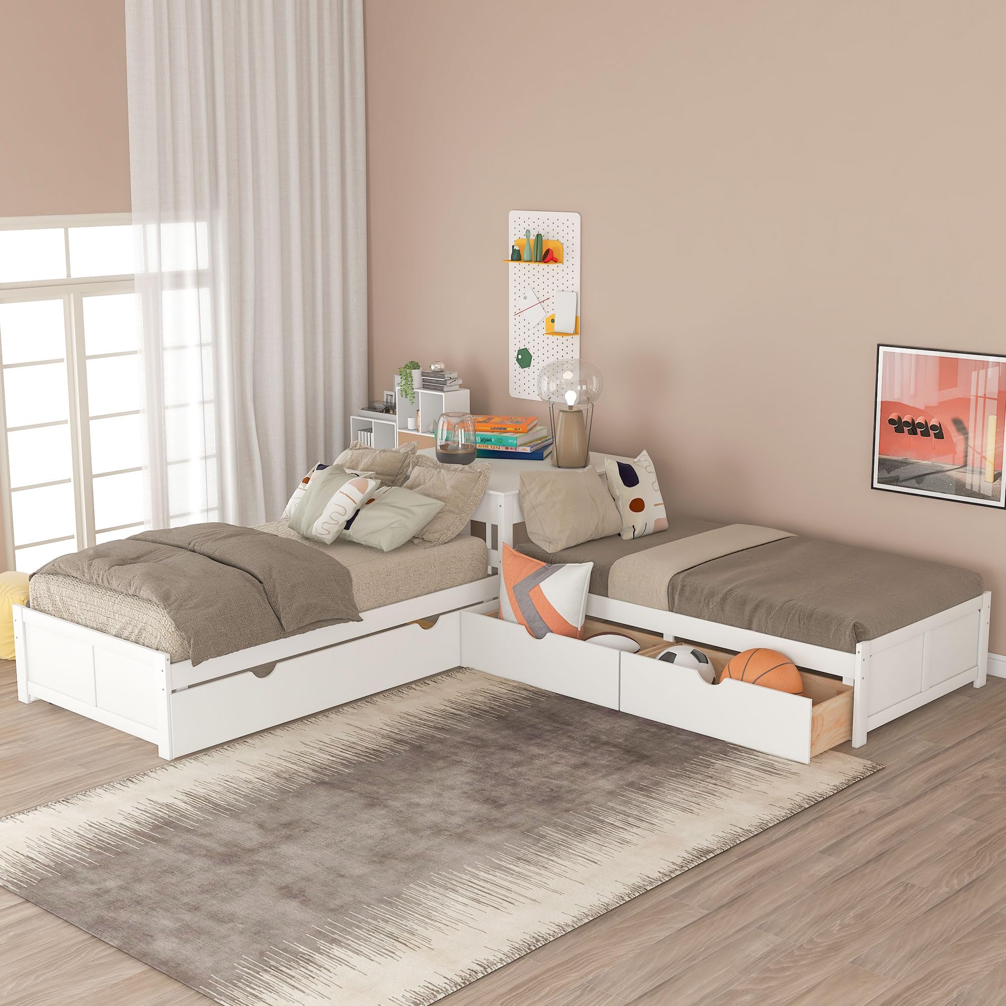 SOFTSEA L-Shaped Twin Size Corner Bed with Trundle and Drawers Linked with Desk, 3 Beds in One, Twin Beds with Storage Nightstand for 2 Kids