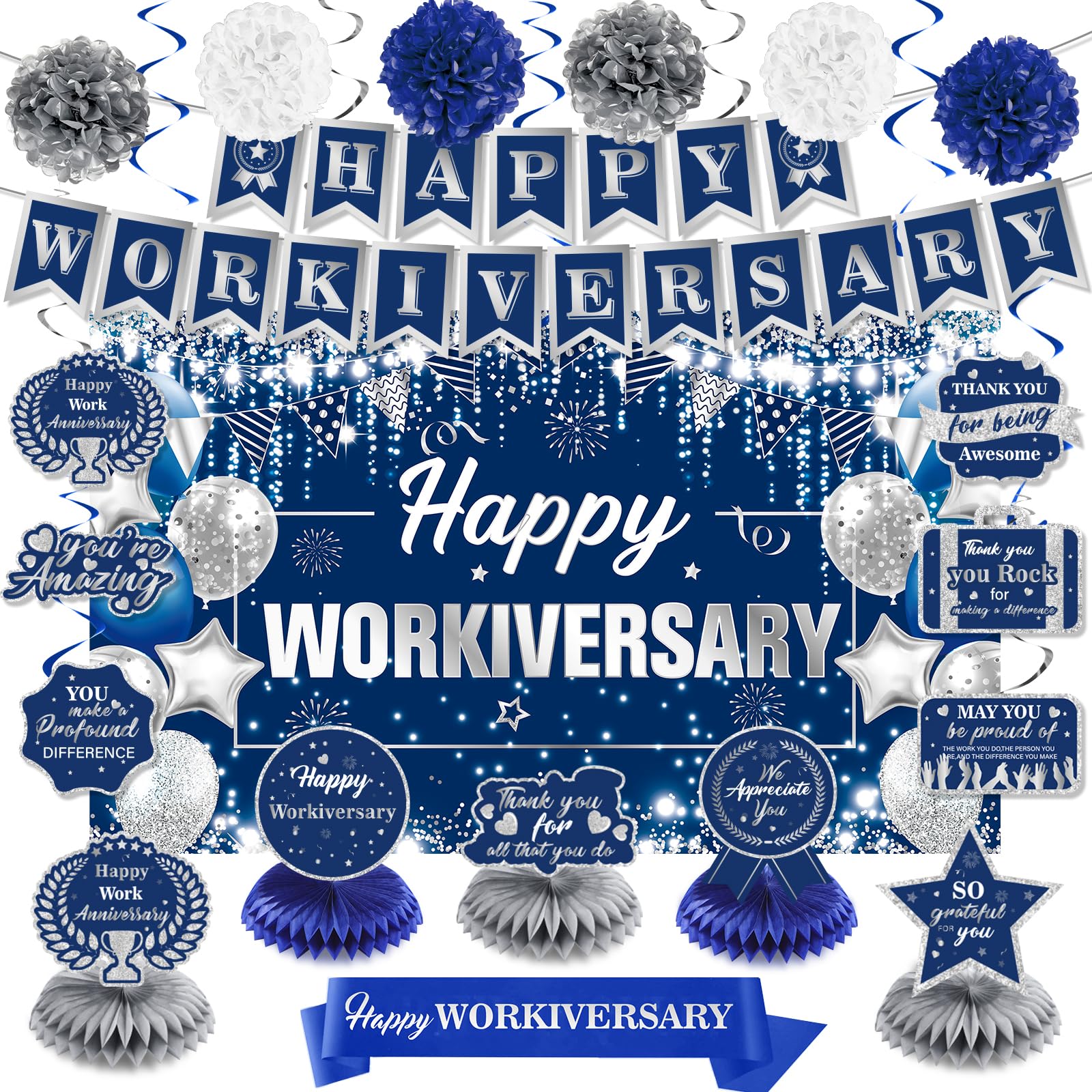 Happy Work Anniversary Decorations Blue Silver Happy Workiversary Banner Honeycomb Centerpieces Hanging Swirls Tissue Paper Pompoms Sash for Office