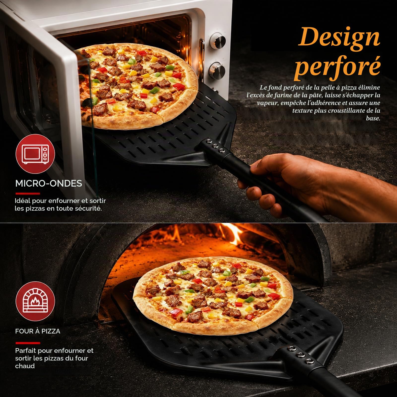 Lot de 2 pelles à pizza perforées en aluminium