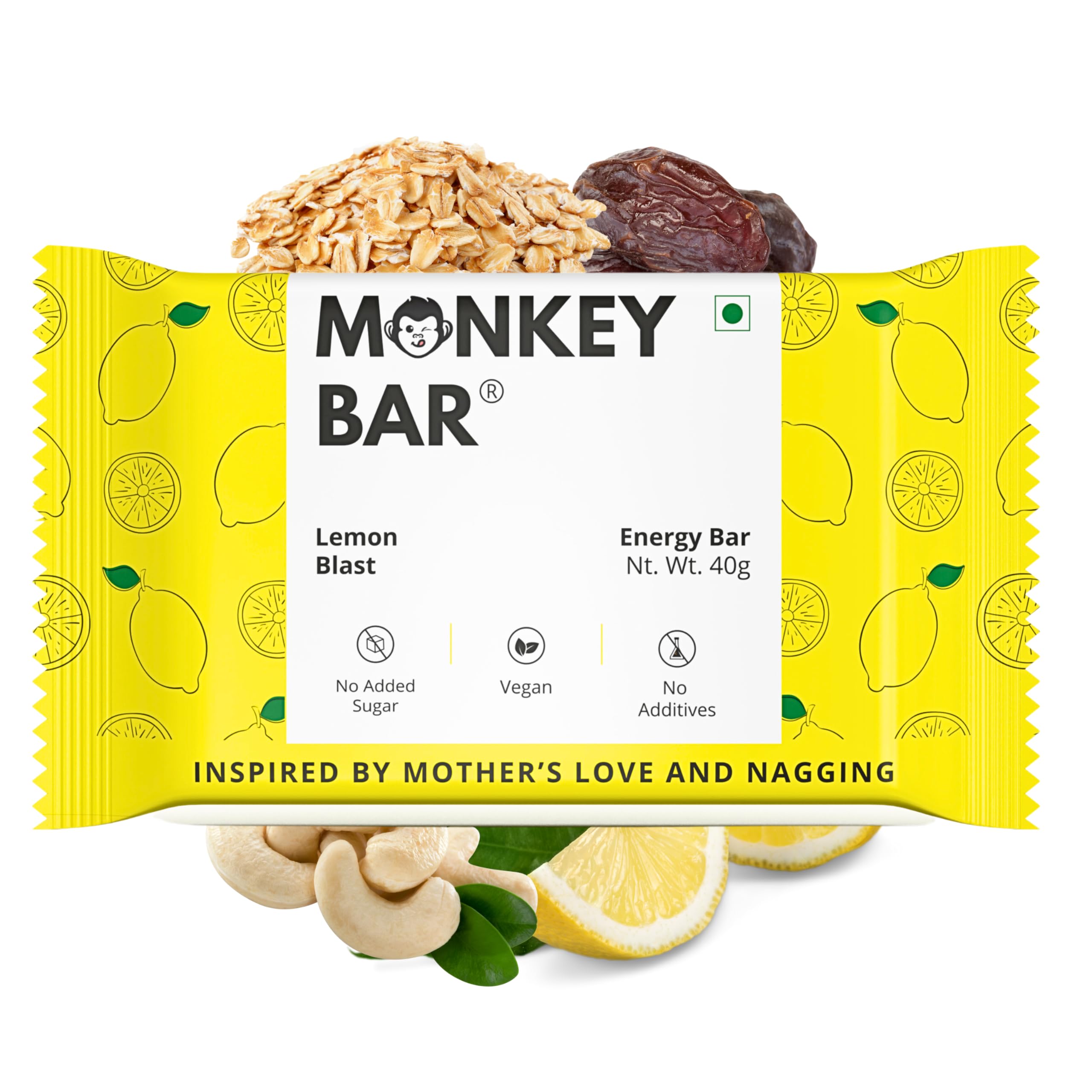 Lemon Blast Energy Bar - 6 Bars, 40g Each, Just 4 Plant-Based Ingredients, Best for Healthy Clean Protein-Rich Snack, Dairy Free, Vegan, No Chemical Additives