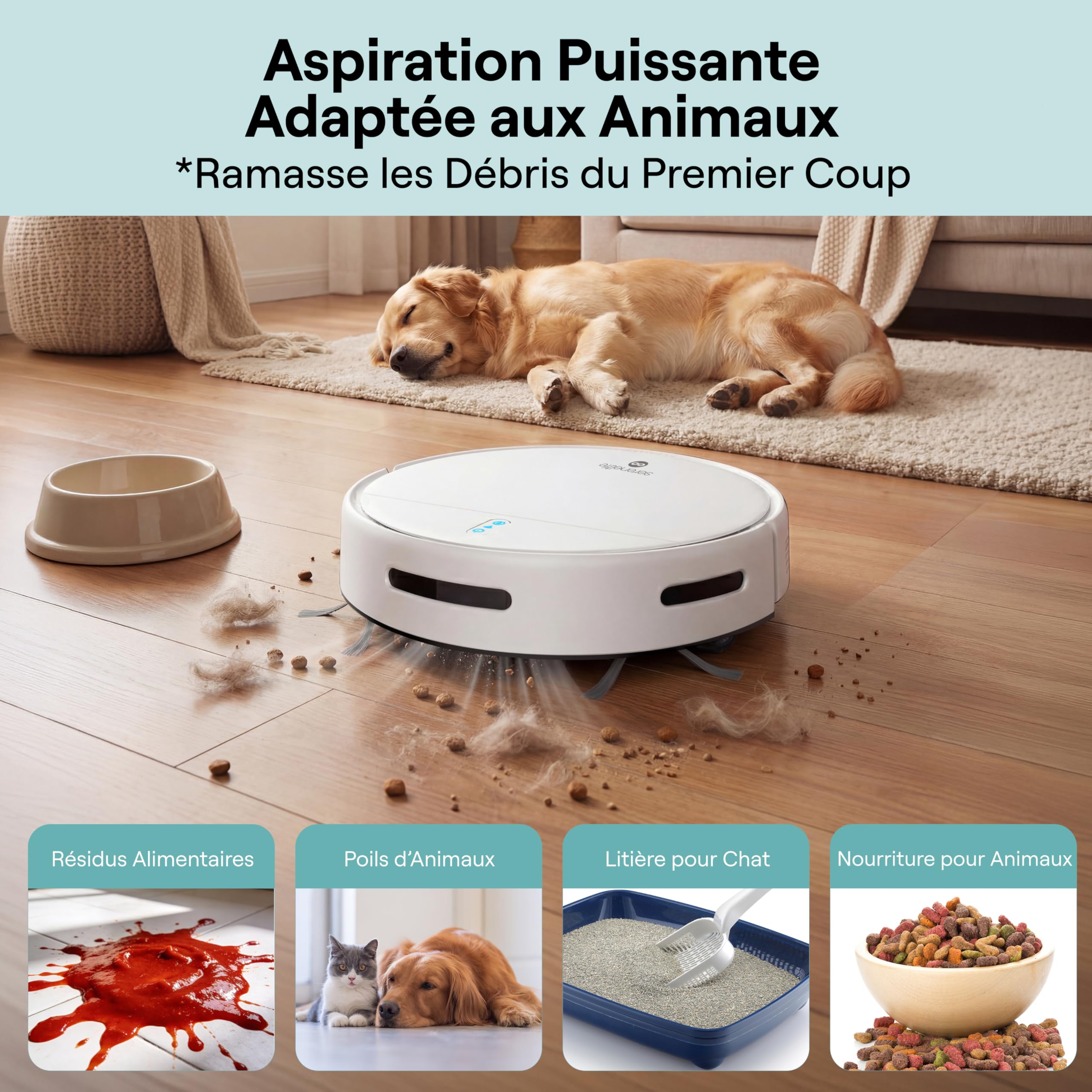 SereneLife Robot Aspirateur Laveur 3-in-1 – Auto-Recharge, Anti-Chute, Nettoyage Automatique, Robot Laveur pour Sols Durs, Tapis et Poils Animaux, 3 Modes, Blanc