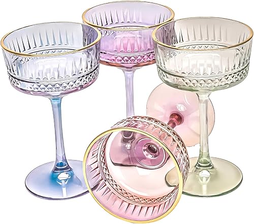 Copas de vino con borde dorado de color vintage, 4 unidades, vasos de Martini coloridos, champán, cóctel, margarita, copas de cupé coloridas,