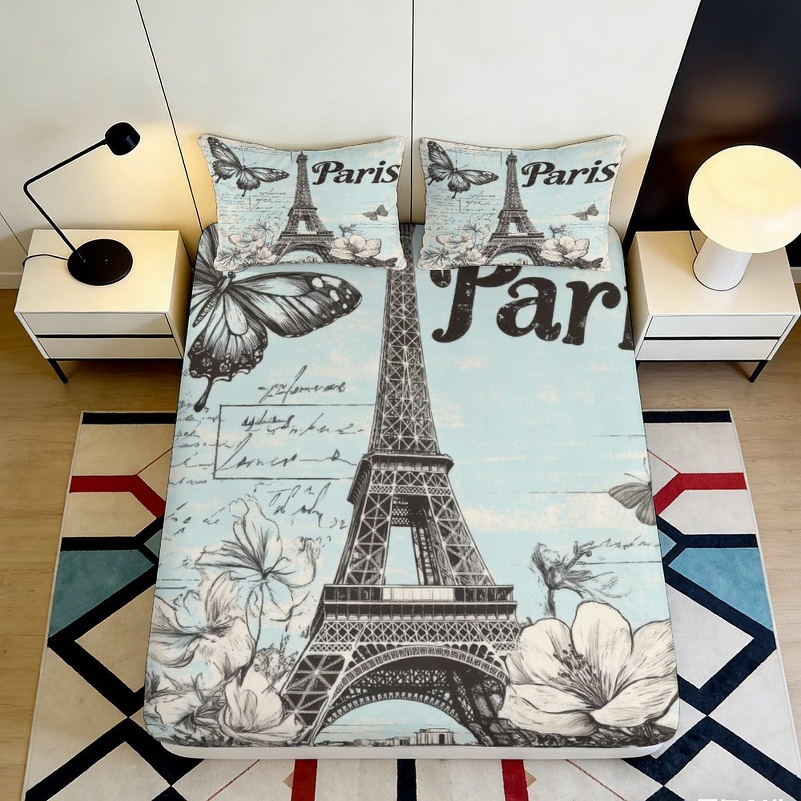3D Printed Paris Butterfly Fitted Sheet Microfiber Soft Breathable Eiffel Tower Bed Cover for Bedroom Dormitory Guest Room Protection Decoration 160x200x25cm