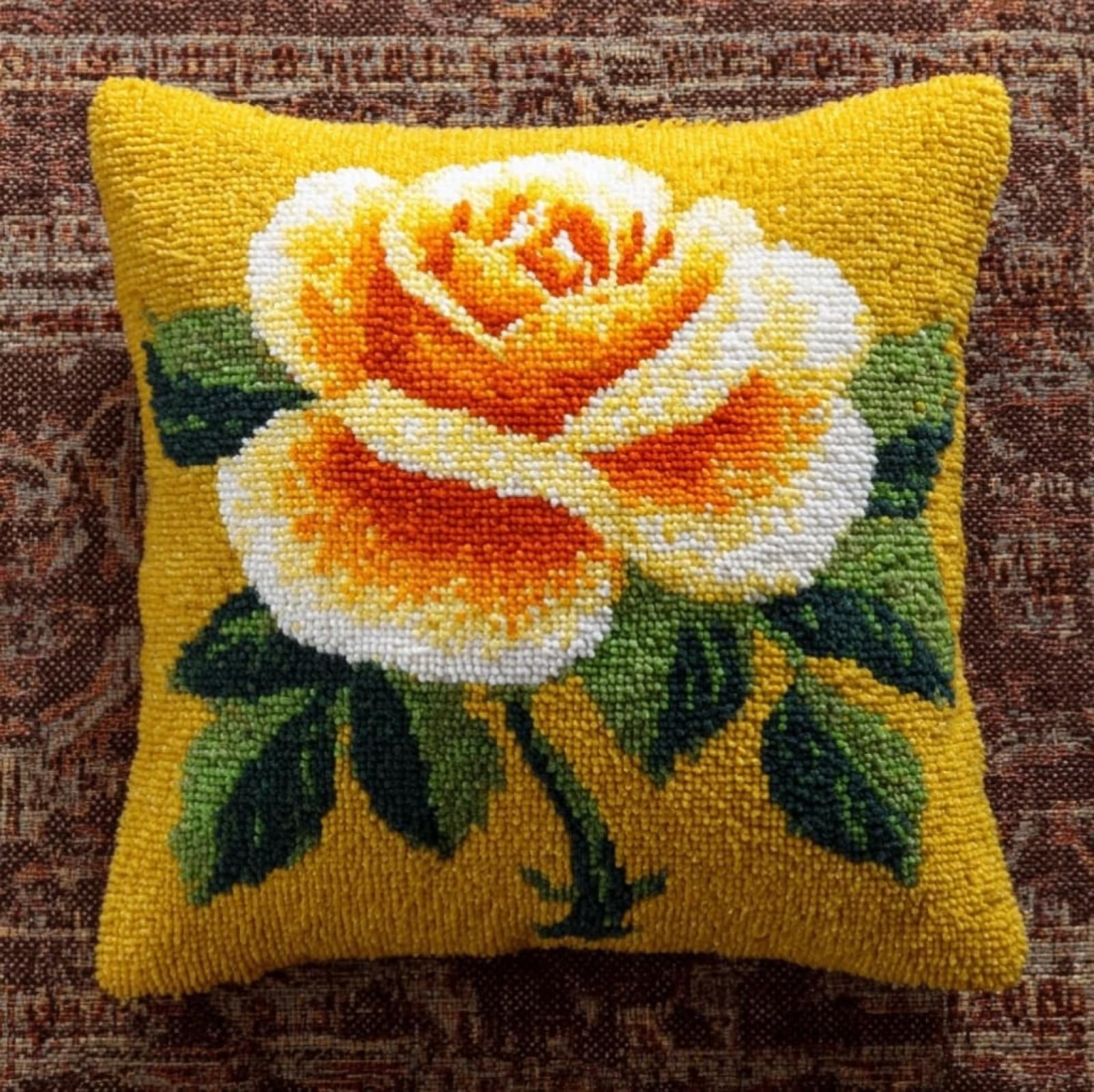 Wallustrioaw Yellow Roses Latch Hook Craft Cushion Kit 43X43cm,