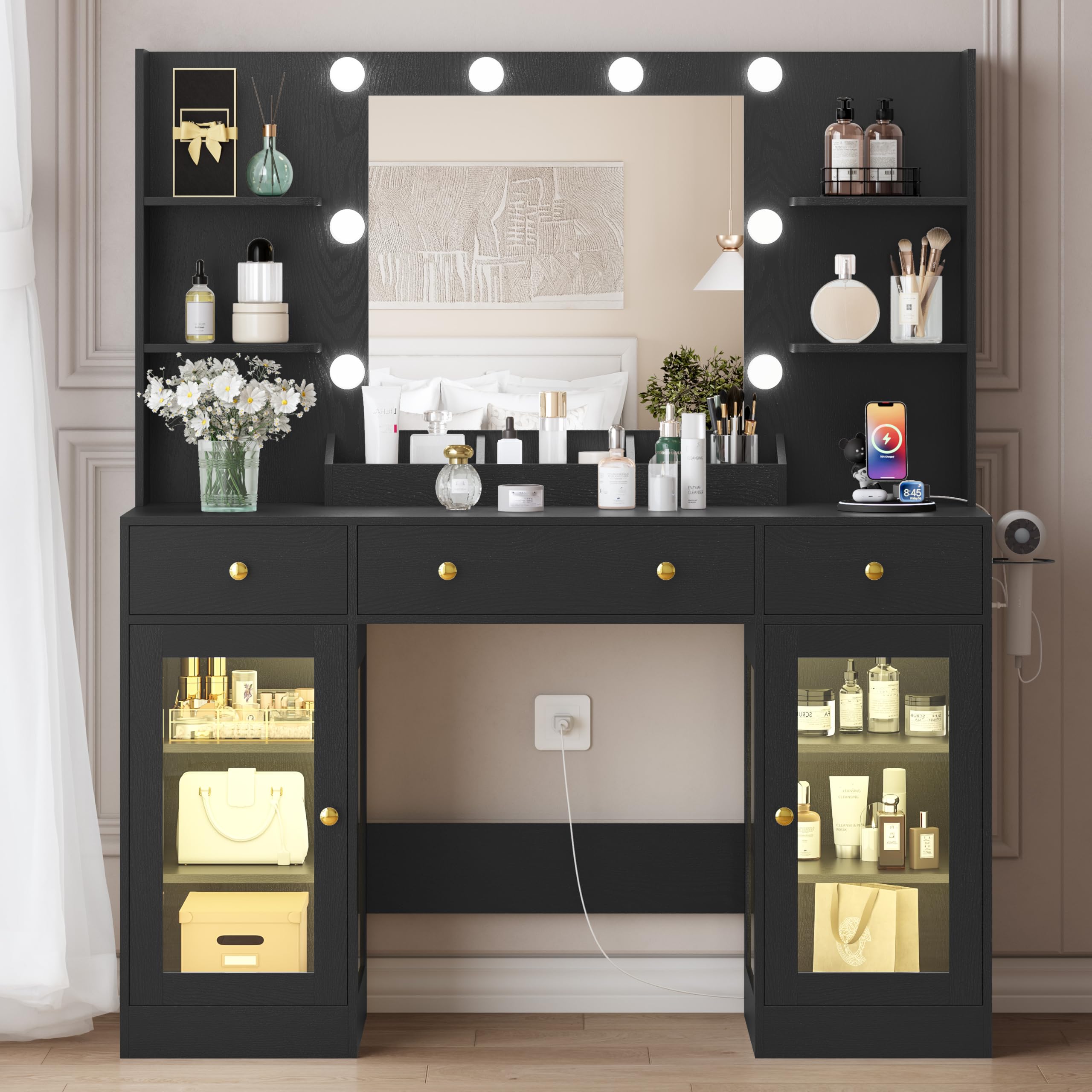 HUANLEGO Large Makeup Vanity Desk with Mirror and Lights, Black