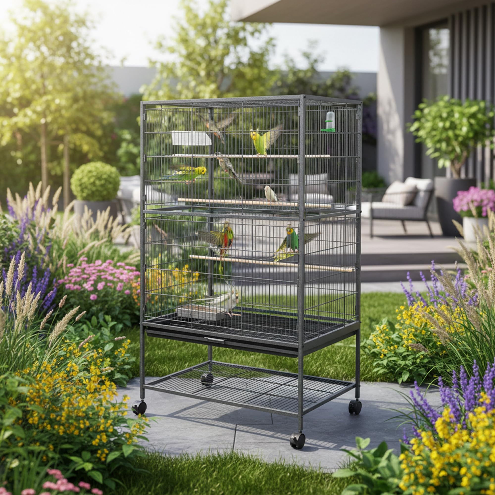 Mucola Vogelkäfig XXL Grau 131x78x52 cm – Vogelvoliere pulverbeschichteter Stahl mit herausnehmbarer Schublade, 4 Futternäpfen, Sitzstangen und Schaukel | Zuchtkäfig für Wellensittiche und Finken