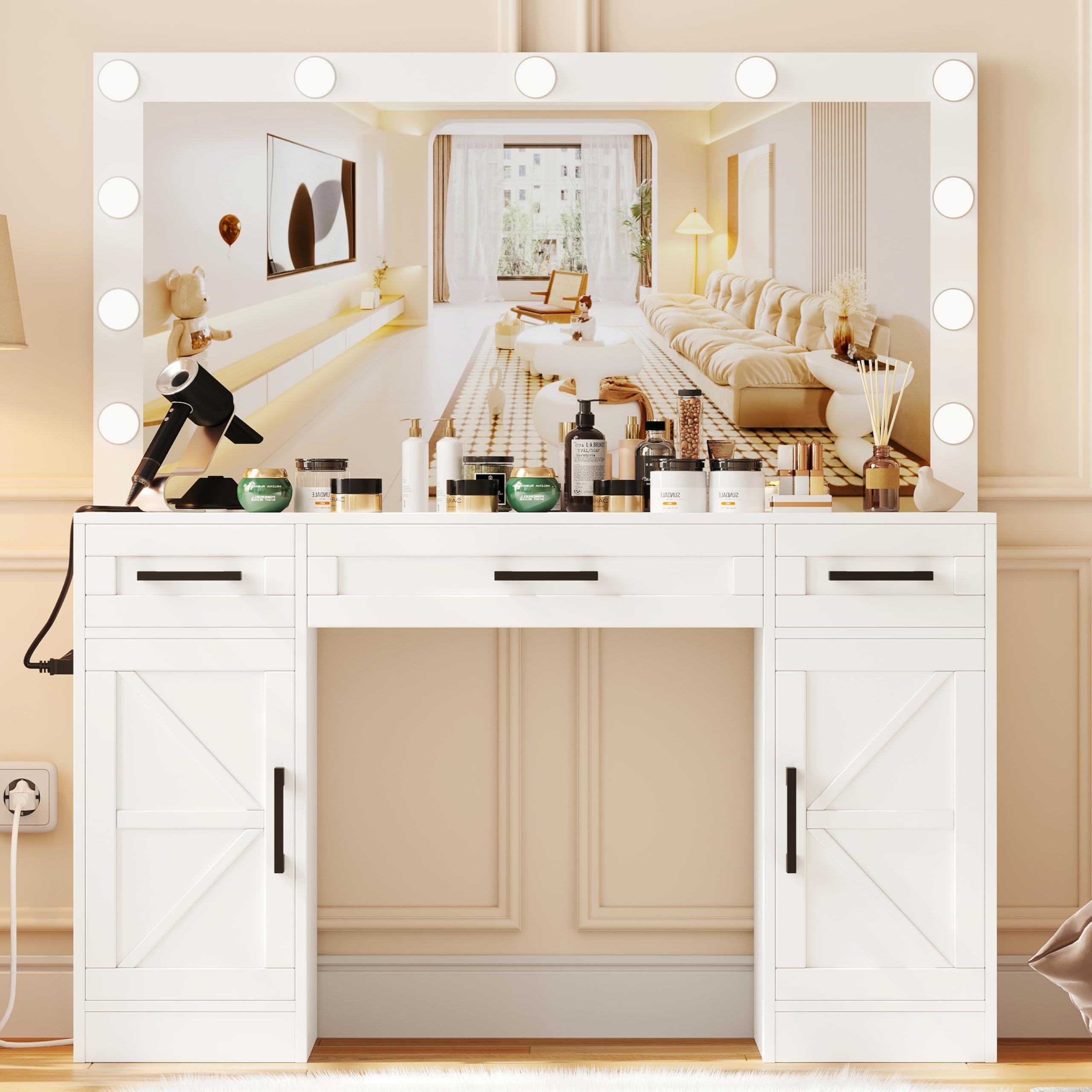 Rovaurx 43.3" L Vanity Desk with Lighted Mirror, Farmhouse Makeup Vanity Table with 3 Drawers and Cabinet, Vanity with Charging Station, 3 Color Lighting Modes, White RSZT111W