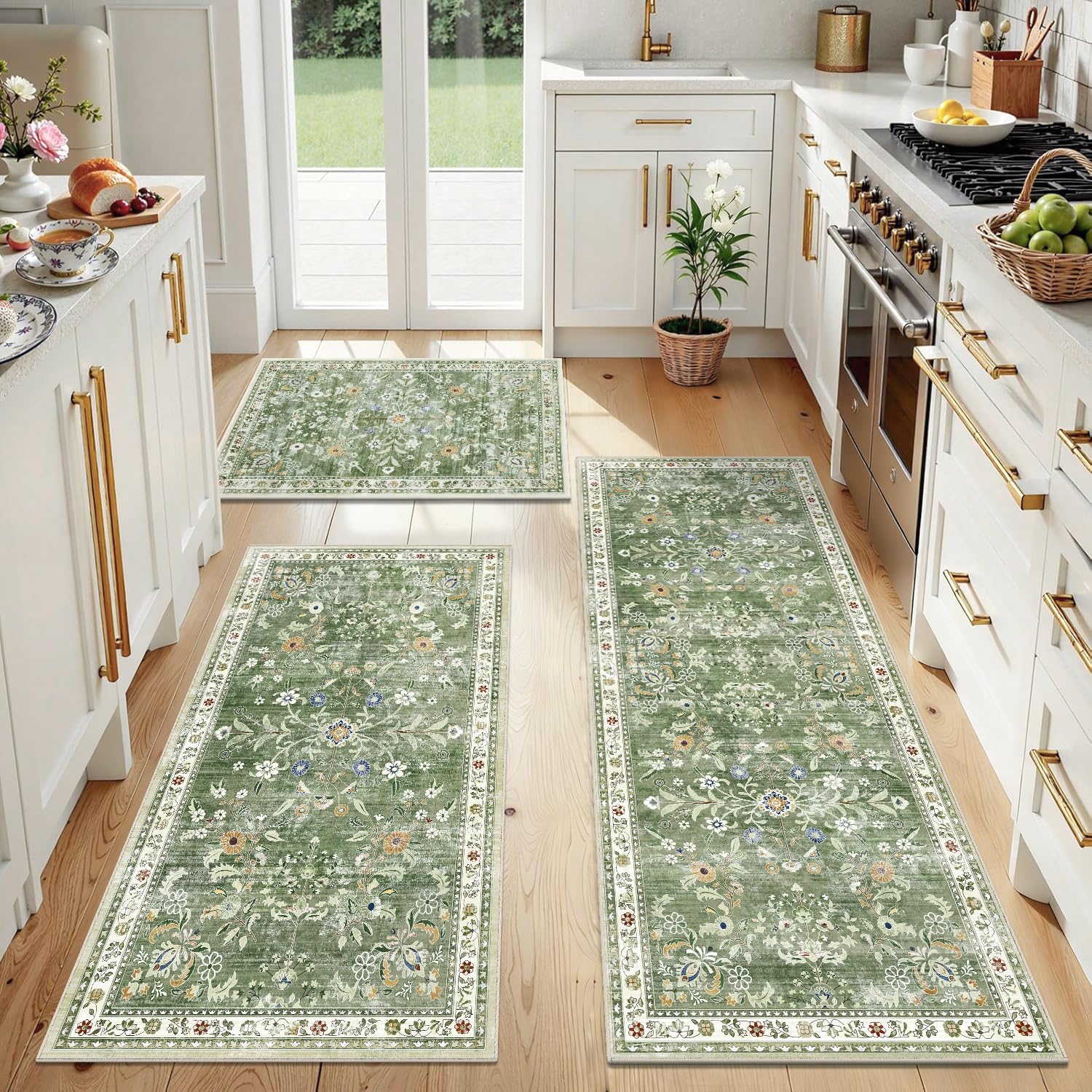Yamaziot Sage Green Washable Kitchen Rug Set of 3