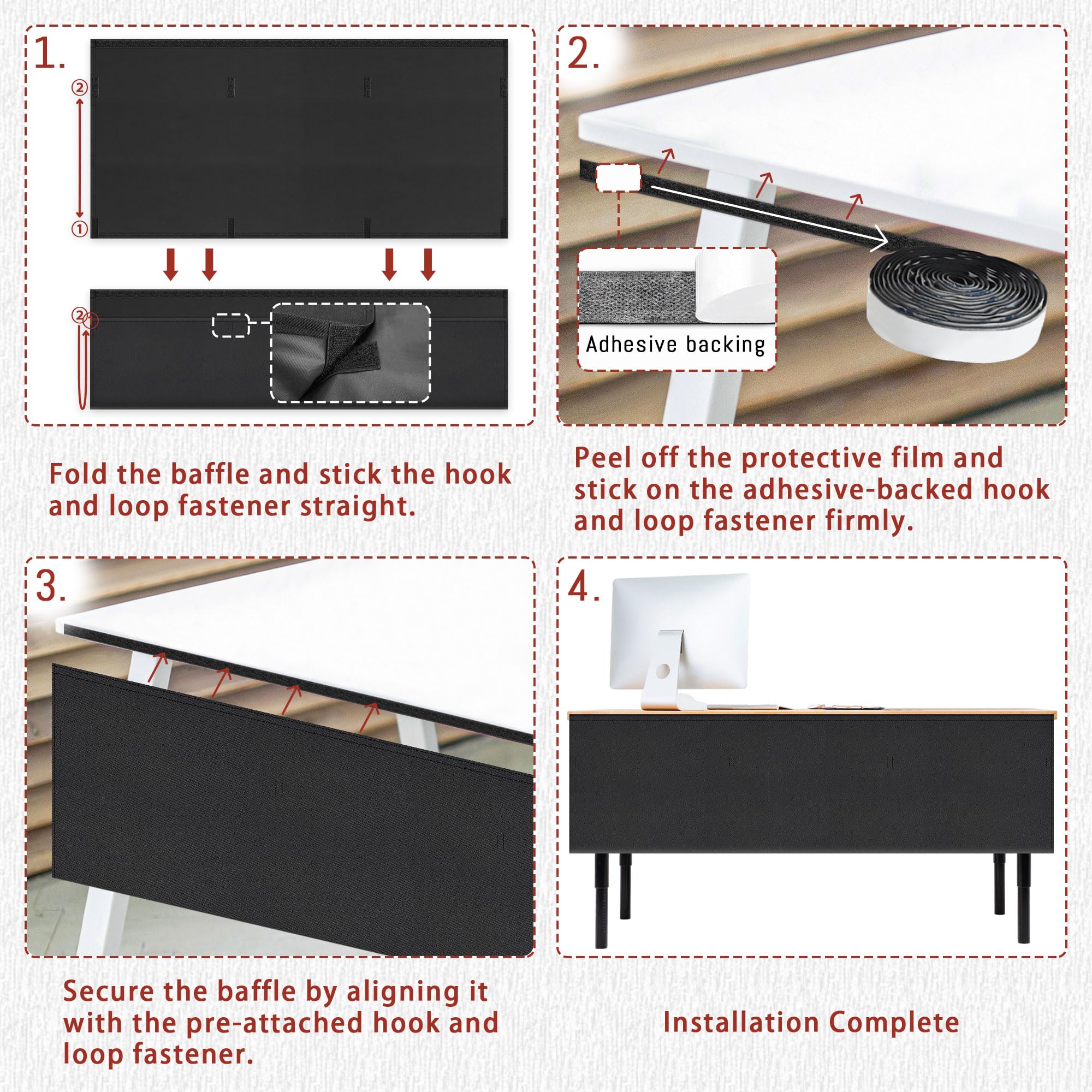 Sichtschutz-Panel unter dem Schreibtisch, selbstklebend, mit Drahttasche für Kabelmanagement, Organizer, robuster Schreibtischrock, für Büro oder Steharbeitsplatz, 152,4 cm