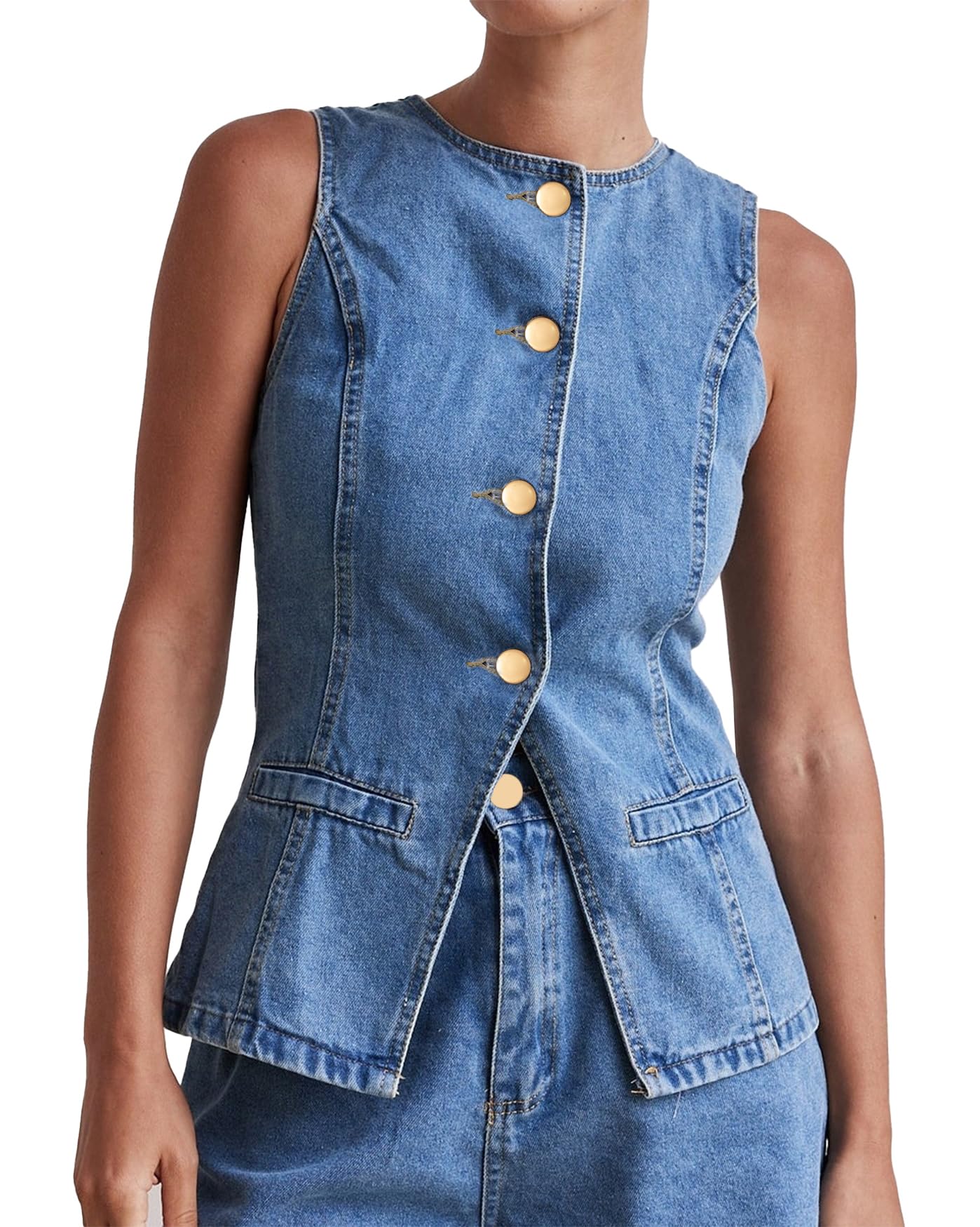 Kedera Womens Button Down Denim Vest Sleeveless Tank Tops Crew Neck Slim Fit Jean Jacket Waistcoat with Pockets