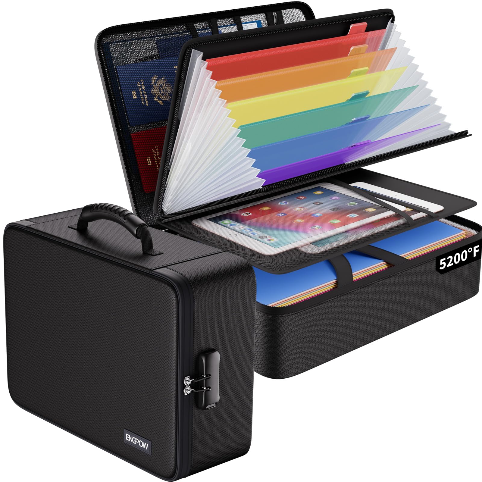 ENGPOW Porte-documents ignifuge avec 7 compartiments pour documents importants | 5200℉ - Classeur A4 - Organiseur - Boîte de rangement - Porte-documents portable - Pour la maison et le bureau - Serrure