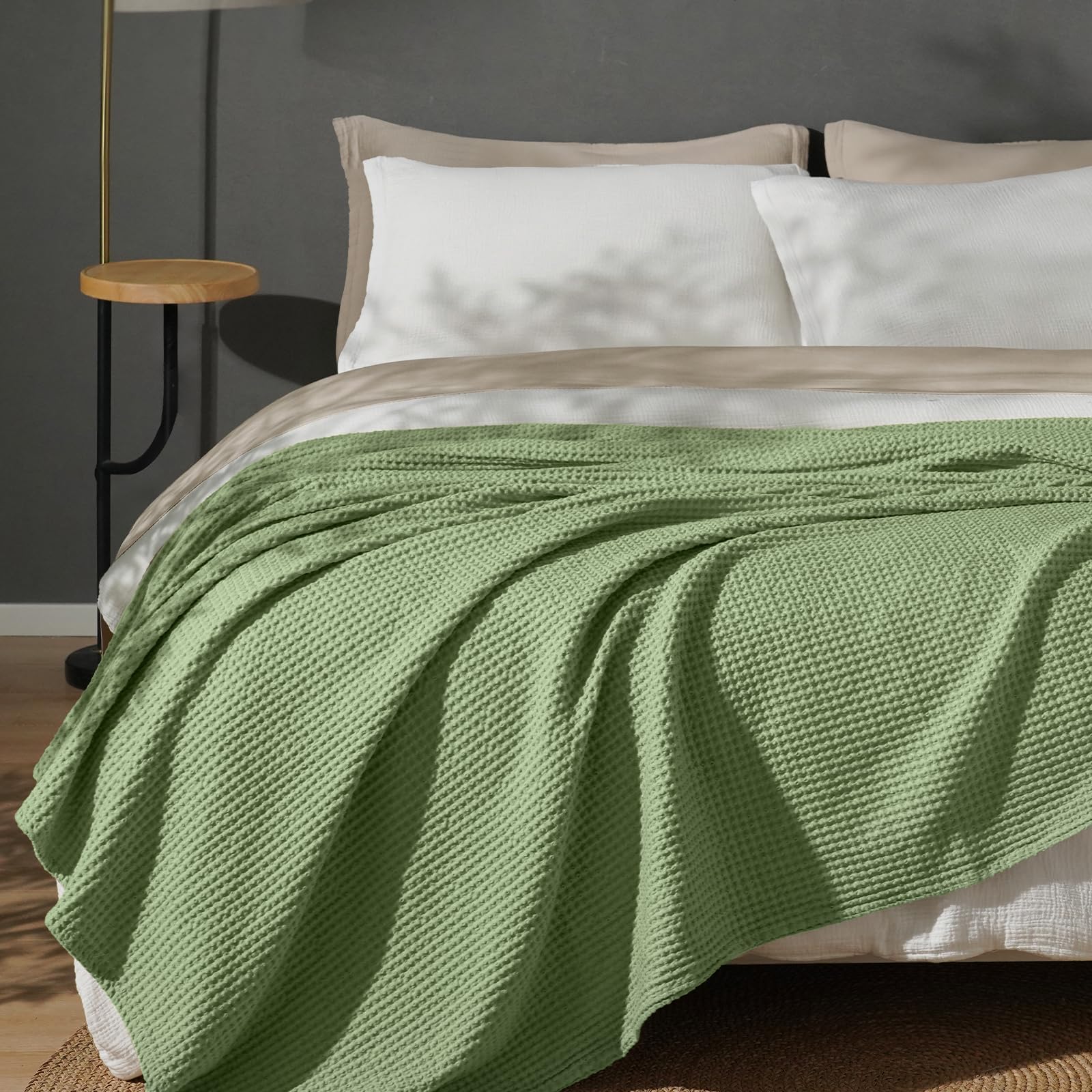 phf 100% cotton waffle weave throw blanket?pre-washed snag proof lightweight breathable moisture-wicking for layering in cold weather for couch bed,machine washable,home decor gift-loden green