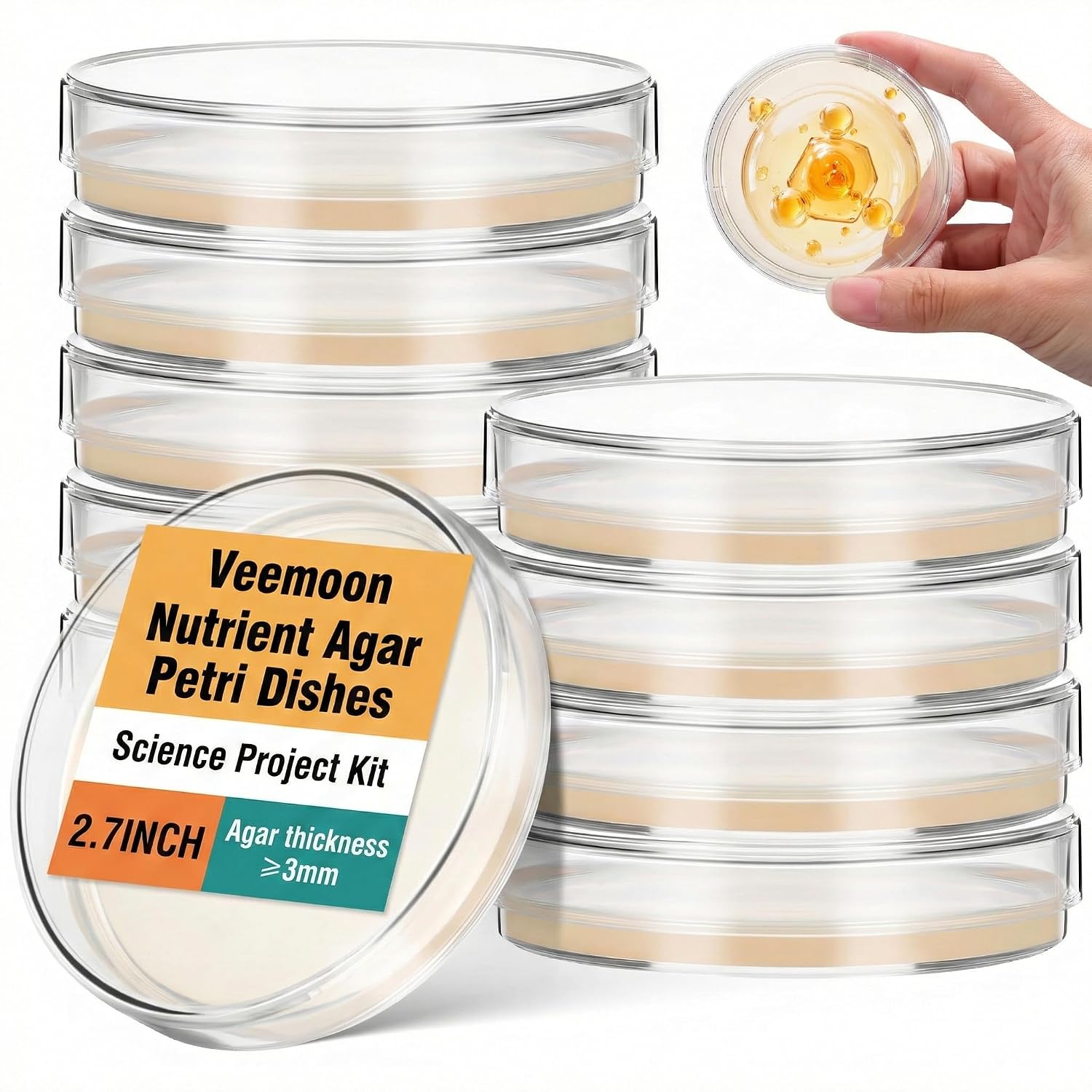 Veemoon 10pcs Pre Poured Agar Plates, 3mm Thick Nutrient Petri Dishes Sterilized Science Project Kit for Kids Classroom Home Laboratory Experiment, Mushroom Cultivation & Tissue Culture, 2.7inch