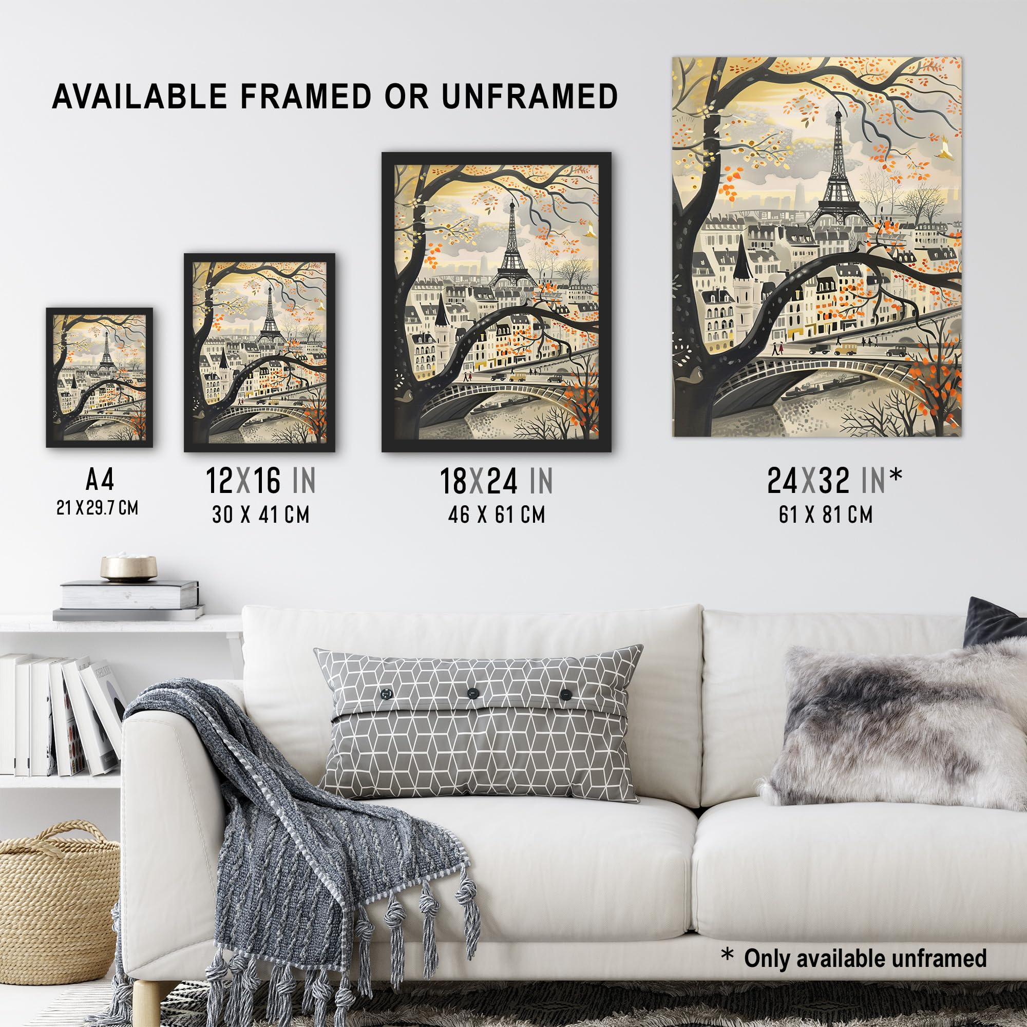 Artery8 Vintage Autumn in Paris Cityscape Eiffel Tower Living Room Extra Large XL Wall Art Poster Print, Unframed 24X32", 81L x 61W cm - Image 3